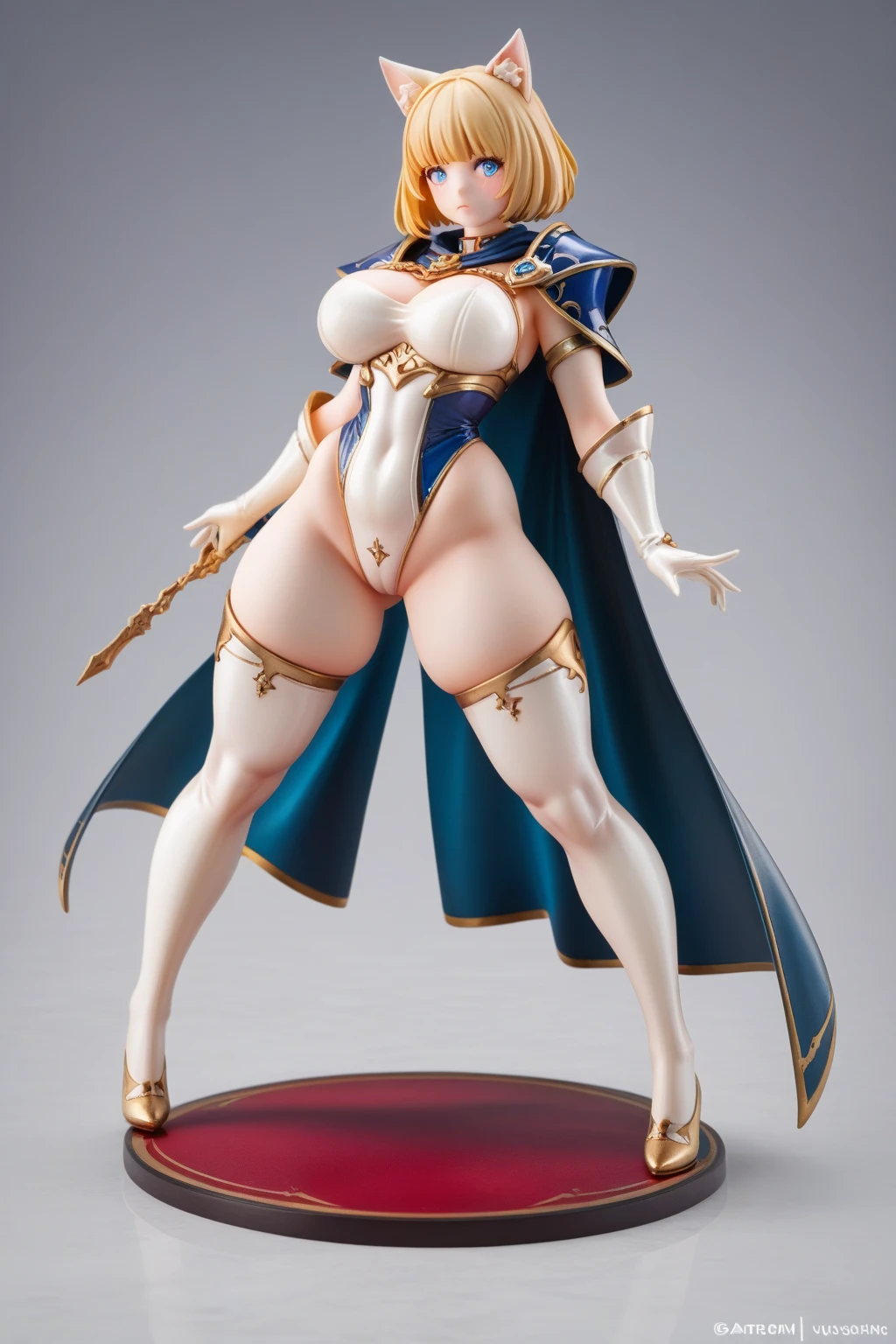 1sologirl, two long thighs, yellow eyes, blonde short hair, large breasts, detached sleeves, very white background, royal tiara, long cape, yellow tiger bikini, high heels, hands on hips. red tattoo on belly navel, full body female MILF BIMBO, lustful smirking smile face (red blush), metal shoulders, golden bracers sleeveless, black choker sex slave