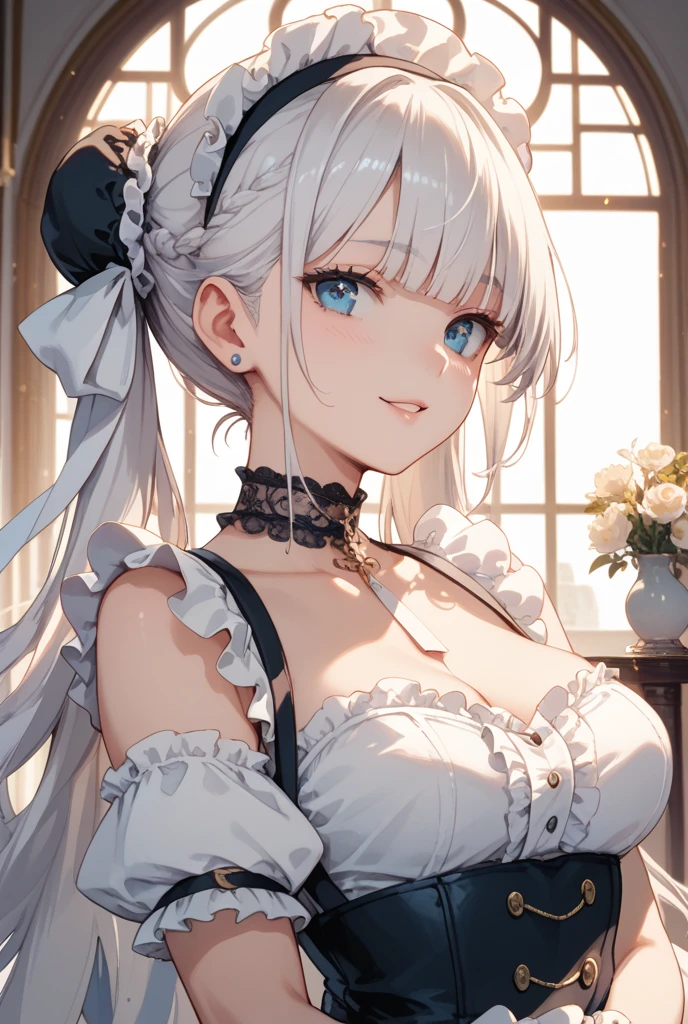 ((masterpiece 1.8)),ultra-detailed, 8K, High resolution, best quality, (stunning cg), ((1girl)), ((solo)), from front, looking at viewer, close up, ((very beautiful and cute girl)), ((16years old graceful girl)), (silver hair), (super long hair), ((fine detailed blue eyes)), 
((small bast)), ((bangs:1.2)), ((french braid:1.2)), ((slender:1.8)), jewelry, earrings, parted lips,  corset dress, high collar, bow, ((frilled sleeves:1.4)), ((tired layers skirt)), cascade ruffles, lots of ruffles, lace ruffles, (graceful smile:1.8), (goddess-like happiness:1.6), (best shadow:1.3),
(soft shadow:1.1),
(beautiful shadow:1.3),
(beautiful reflection:1.3),
(Prismatic light),
(sparkling light),
(beautiful light),
(fantastical light),
(prismatic reflection),
(soft reflection:1.3),
(natural reflection:1.2),
(blurry tone), 
(sense of depth:1.5), 