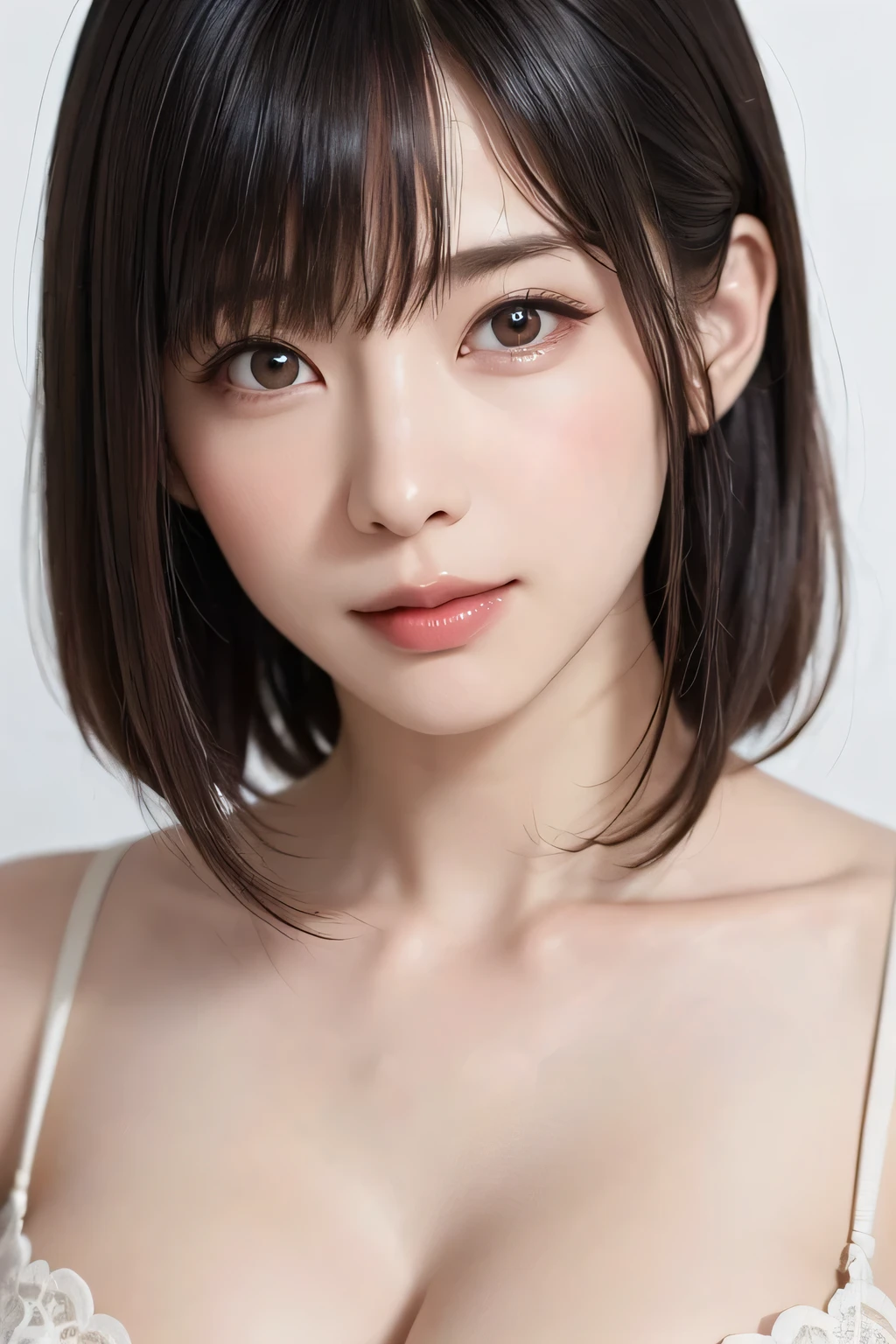 ((masterpiece, Highest quality, High resolution、Everything is beautifully detailed)), 1 girl, (Realistic: 1.4), alone, White Background, snow-White Background, Mouth closed, smile, smile, Beautiful black hair, short hair, Big eyes, Transparent double eyelids, eyelash, Listen carefully, Long neck, 美しくLong neck, Absolute area, ((Face close-up)), (Draw the whole head, shoulder), 19 years old, Attractive proportions, Glowing Skin, Beautiful clavicle, Golden ratio face, Perfect Face, Teardrop-shaped mole, chestのほくろ, bangs, clean bangs, beautiful bangs, Lip gloss, Thin lips, Fair skin, naked, Big Breasts, {Huge|big|Hugeな|Mega} chest, chestの谷間,Small face, Small face, All the heads are painted, shoulder all drawn, Point slightly above the camera、Natural light