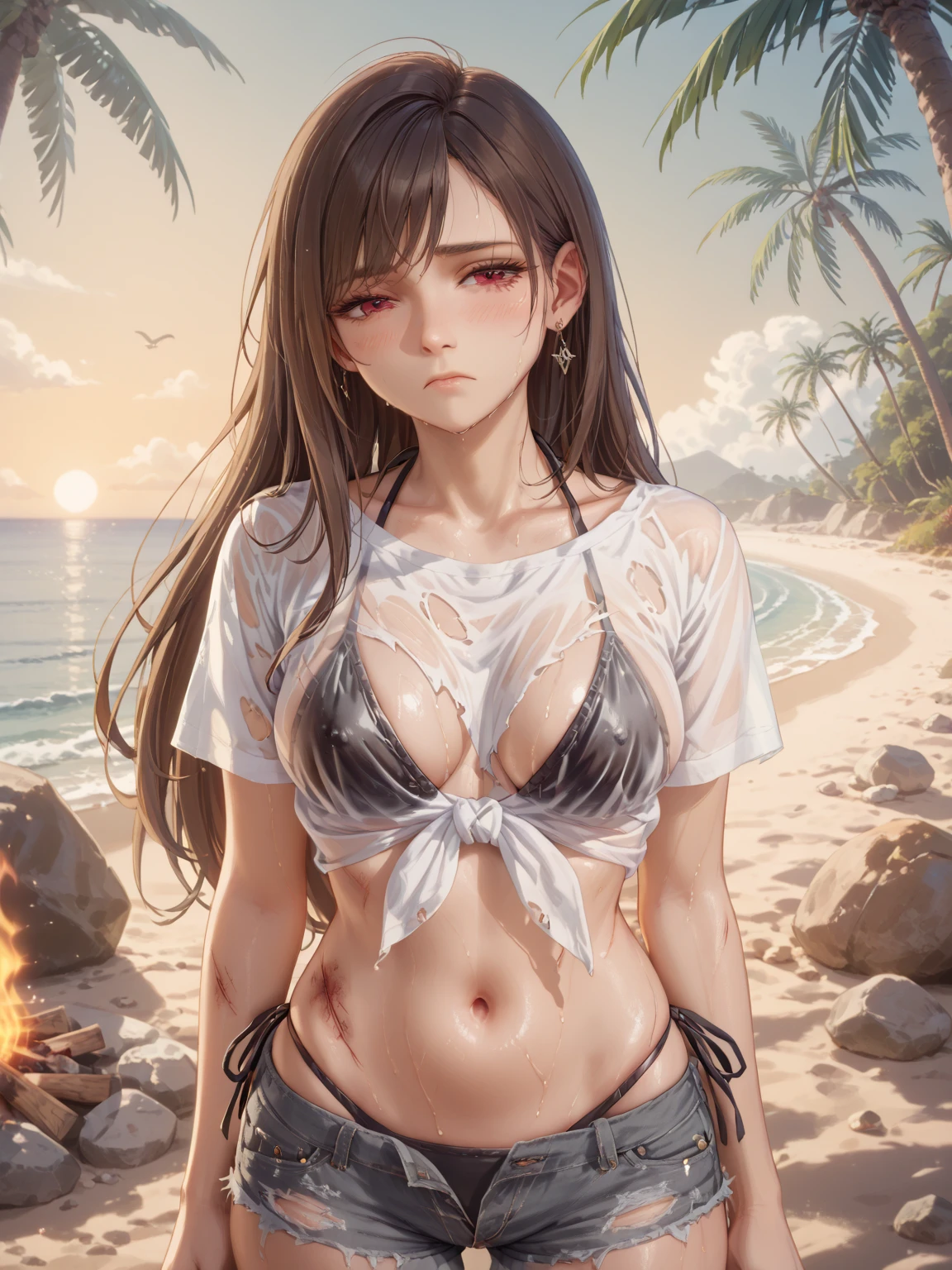 (large breasts:1.2),ChioriGI, 1girl, solo, long hair, looking at viewer, <lora:ChioriGenshinImpact-07:1> ,  <lora:bikini_under_clothes_v0.2:1> see-through, swimsuit, bikini_under_clothes, bikini under clothes, wet clothes, white shirt, wet shirt