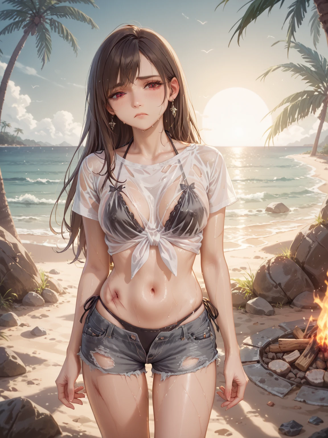 (masterpiece, best quality), 1girl, Crimson Short Crop with Skin Fade, flat chest,    <lora:bikini_under_t_sthirt:0.8> see-through shirt,bikini under clothes