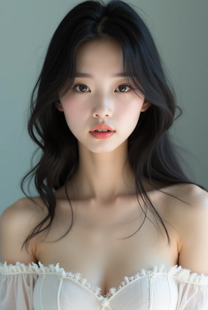 highest quality, masterpiece, ultra high resolution, (realistic:1.5), Raw photo, 1 girl 16 years old,simple gray background、in the dark, deep shadow, cold light, sexy look, (((ballerina,、naked、beautiful navel,small breasts)))
