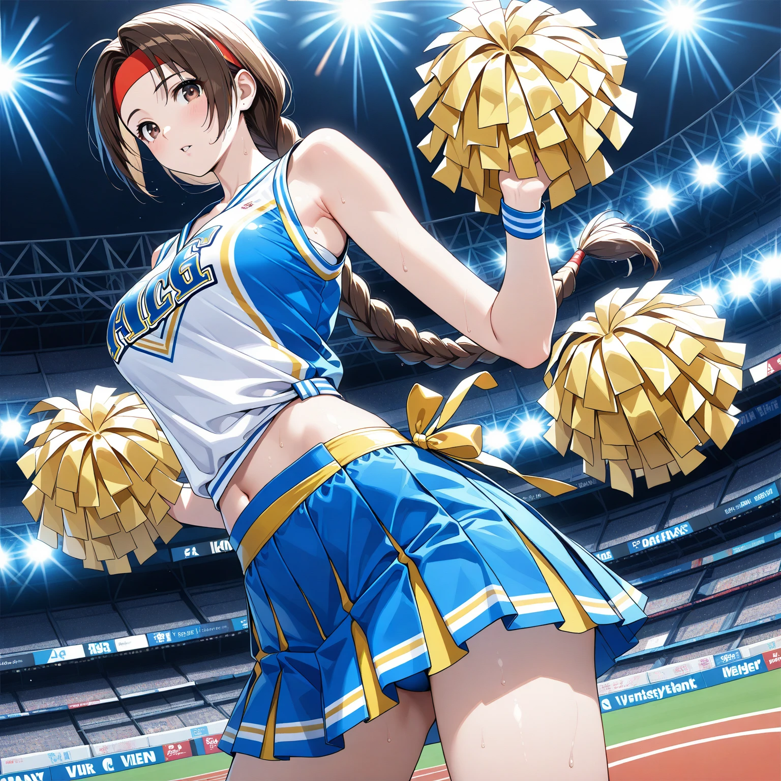 (super flat, flat shading), Honors Type, Really blushing, 17 years old, (cheerleading Match:1.5), 3girls, wearing white (high-cut thong bikini swimwear:1.5), wedgie:1.5, Amazing crotch bite:1.7, sports shoes, ponytail brown hair, sweaty healthy body, soaking wet full body with lotion and sweaty, bare legs, navel, ultra realistic, breeze, in crowded public room, (from below:1.5)