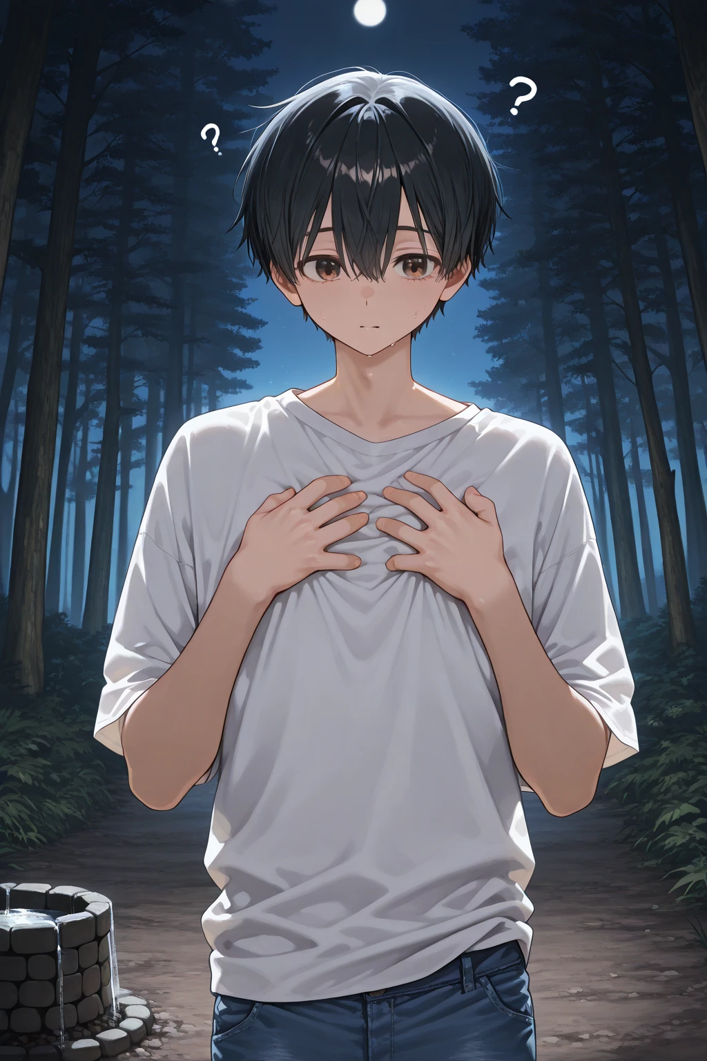 ((at night)), ((dense forest background)), ((1 boy)), seen from the waist up, ((focus on the boy)), wearing a loose white t-shirt and blue jeans, shirt slipping slightly off one shoulder, ((short black hair)), ((well-aligned brown eyes)), body visibly smaller, torso becoming more slender and curved, budding breasts starting to form, hands raised as if inspecting his chest or waist, confused and worried expression, mouth slightly open, shirt beginning to hang loosely due to smaller frame, waistline becoming narrower, posture more hesitant, soft moonlight highlighting his changing figure, quiet and natural nighttime atmosphere,((at night)),