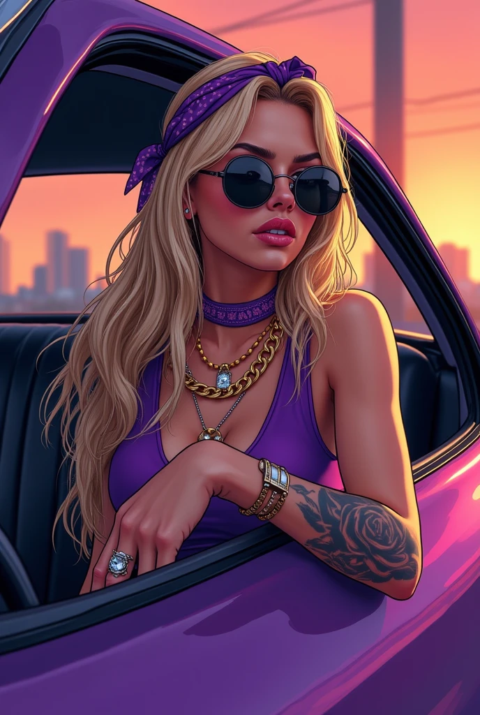 A naturally light-skinned Blasian woman with long, wavy golden hair sits in a green room, showcasing her stylish blue two-piece outfit paired with navy high-knee boots. She has braces, a sparkling diamond chain, and long lashes that frame her striking eyes, while her plump lips and flawless eyebrows add to her beauty. Adorned with tattoos, she relaxes with a yellow-and-white piebald python draped nearby, exuding an air of confidence. In her hand, she holds a smoking device, enjoying her moment of tranquility.