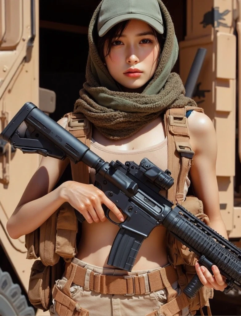 （8K，original photo，Top quality，masterpiece：1.2），（Realism，Reality：1.37），Ultra Detailed，Ultra-high resolution，Desert background，desert，desolate，cactus，Wearing white short-sleeved shirt with exposed belly，Blue denim super shorts，Hourglass figure，Wearing black tactical gloves，sports shoes，blond，blond hair，Girl with two braids，Close-up of squatting holding a gun，Full body close-up，Fighting Stance，Shooting Stance，Holding a gun，Holding a gun，pistol，Target your audience，Bullet special effects，Full body close-up，Desert background，desert，desolate，cactus，Bullet special effects，Smile，White skin，Smooth skin，Extremely beautiful face，Dynamic Angle，Dynamic Lighting