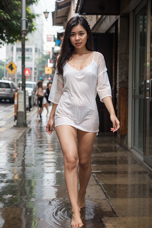 Young beautiful sweet sundanese Bogor city girl, 25 years old, slim body, georgeus face, no underwear, shoulder long hairs with a bang, wearing wet white thin see through very transparent lace mini dress, standing cheerful in the hard rain on the Bogor city street side walk, rain drop visible, water flowing down through all the thing, dense hairy vagina visible through her cloth, happy face, one of her hand waving up high, realistic normal fingers, wearing expencive high heels, carrying an expencive hand bag, weariing glasses,