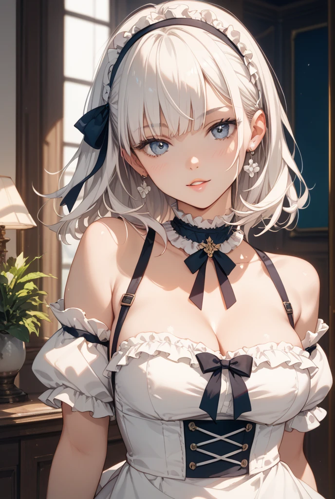 Elevation perspective,A girl with white hair with poor breasts wearing lolita