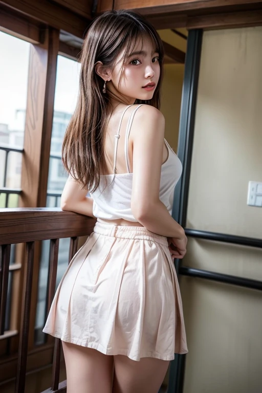 ((Big Girl))((Shooting from the knee up))((Look at me with an evil smile:1.3))One-person viewpoint, (masutepiece:1.3), High resolution, ultra-detailliert, the Extremely Detailed CG Unity 8K Wallpapers, Realistic, Photorealsitic, Raw photo, beautifull detailed face, pale skin, realistic glistening skin, Detailed Cloth Texture, detailed hair texture, Perfect body, Beautiful face, acurate, Anatomically correct, Highly detailed face and skin texture, Natural neck length, (Beautiful hands), (Fair skin:1.2), thin legs, Thin feet, Aligned teeth,
BREAK,
Detailed eyes, symmetrical eye, Light brown eyes, Double eyelids, Thin eyebrows, (Glossy lips:1.4), (Sleepy face:1.2), (blush:1.3),
BREAK,
(Classy and cute girl:1.3), (Wear elegant clothes (Light purple) Button shirt:1.2), ((The shirt is a bit lighter))((Elegant long skirt in beige rayon material:1.2), , (Thin and elegant long skirt)(Slender figure:1.1),
(Dark blonde hair, Wavy Hair, Medium Hair:1.2), ((asymmetrical bangs:1.2)), ((Look at me with a seductive look))
BREAK,
(Rear view of woman standing in white elevator hall:1.4), ((Turn your butt to the viewer:1.3)), (The shape of the buttocks is faintly visible from the top of the clothes.:1.2)(((The line from the waist to the buttocks is beautiful)))(((small and shapely buttocks)))
(Inside the office building)), (((Woman Standing In Elevator Hall))), (View from your feet:1.5), Looking at Viewer, photographed from the back、Low angle shooting