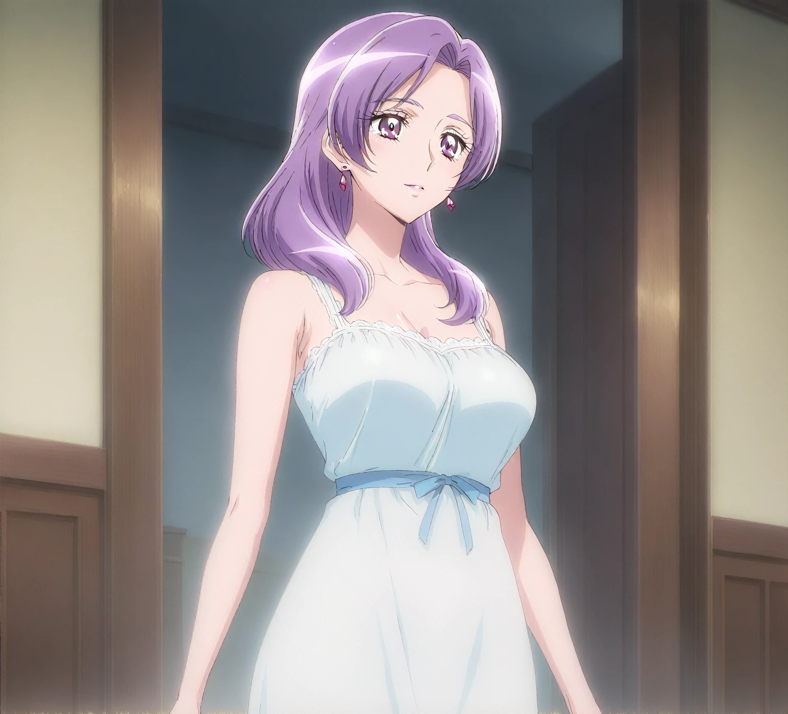 perfect eyes:1.2, detailed eyes:1.4, hall, smile, chandelier, Kurayoshi_R, cleavage, large breasts, ass, white dress, pelvic curtain, medium full shot, thigh-level shot, 1girl,(masterpiece:1.6, best quality),