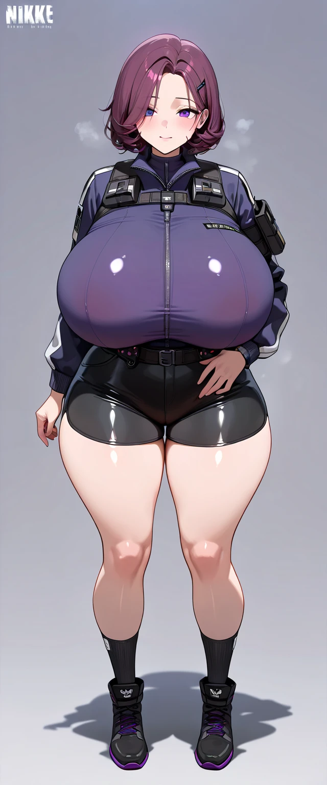 One girl, solo, Huge breasts, narrow waist, Red eyes,Cerberus_(base),  Official Alternative Costumes, shiny skin, oily skin, gloves, (simple Background:1.6), white gloves,Both sides up, Short shorts, police, police uniform,  Black shorts, policewoman, Garrison Cap, ((Thick thighs, Voluptuous thighs)), full body, feet,
