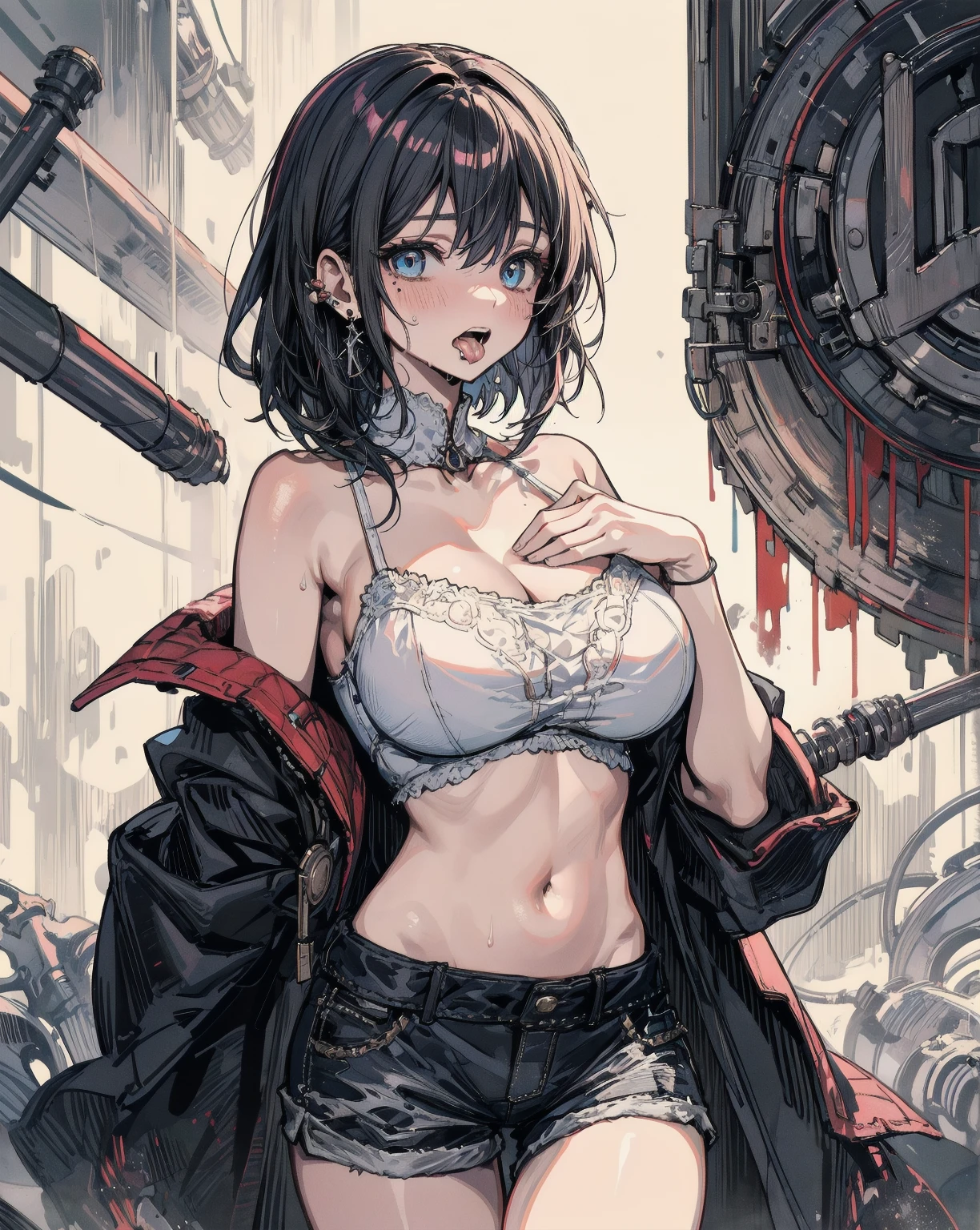 Nishikino maki, Purple eyes, red hair, purple crop top, strapless, cleavage, pelvic curtain, thighhighs,cape, black lips,dark magic, llchar,ahg,rolling eyes,tongue, pelvic line