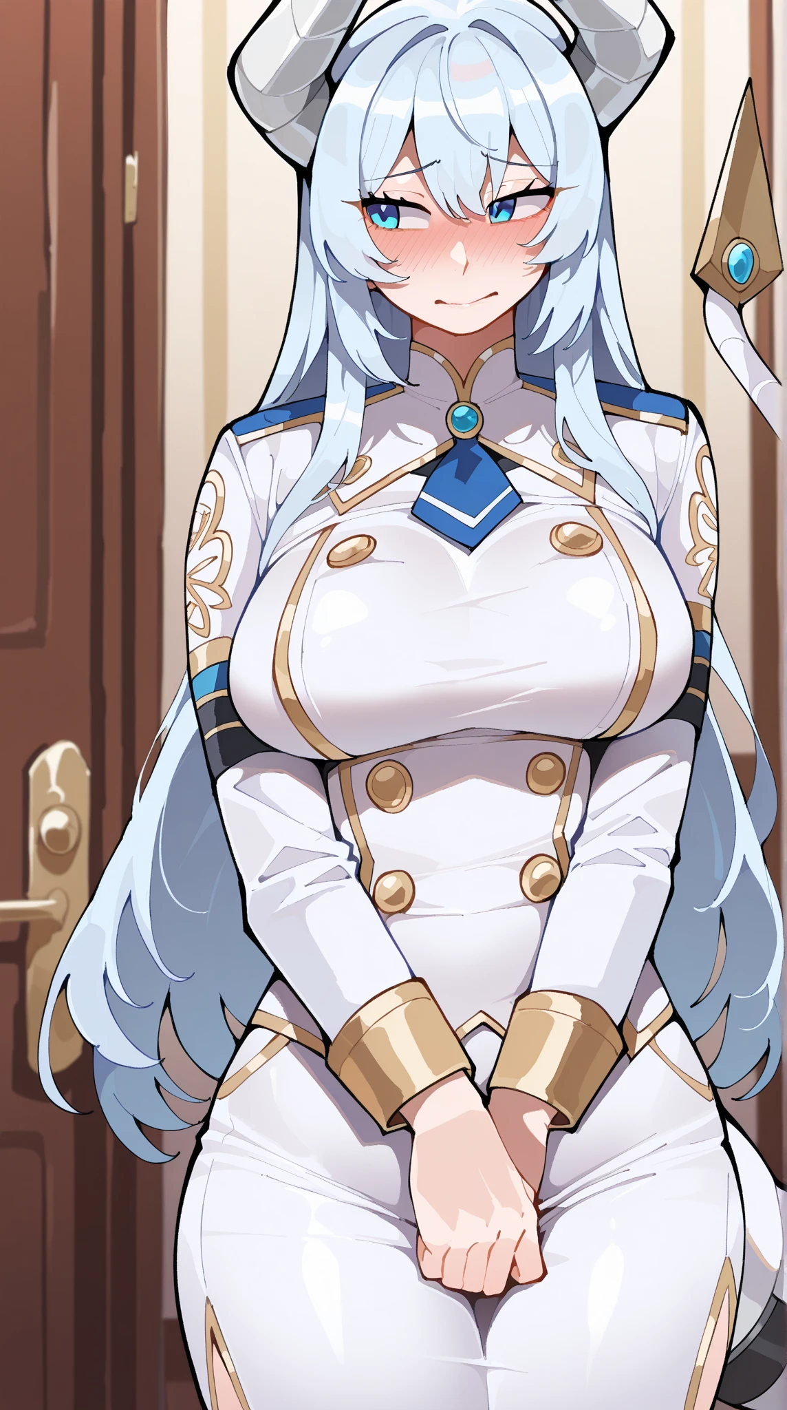Lian, light blue hair, hair stick, bangs, blue eyes, solo, smiling, standing, upper body, hips, bare shoulders,purple thighhighs, white dress, gold jewelry,armor,gloves,circlet, cleavage, red and gold royal castle, gigantic breasts, (best quality, masterpiece, beautiful and aesthetic:1.2, highest detailed face, perfect face,)  eyes, perfect face,expressive eyes,
looking at viewer, in the center of the image,(Upper_body),(Focus on her face),
official art,extremely detailed CG unity 8k wallpaper, perfect lighting,Colorful, Bright_Front_face_Lighting,shiny skin, 
(masterpiece:1.0),(best_quality:1.0), ultra high res,4K,ultra-detailed
