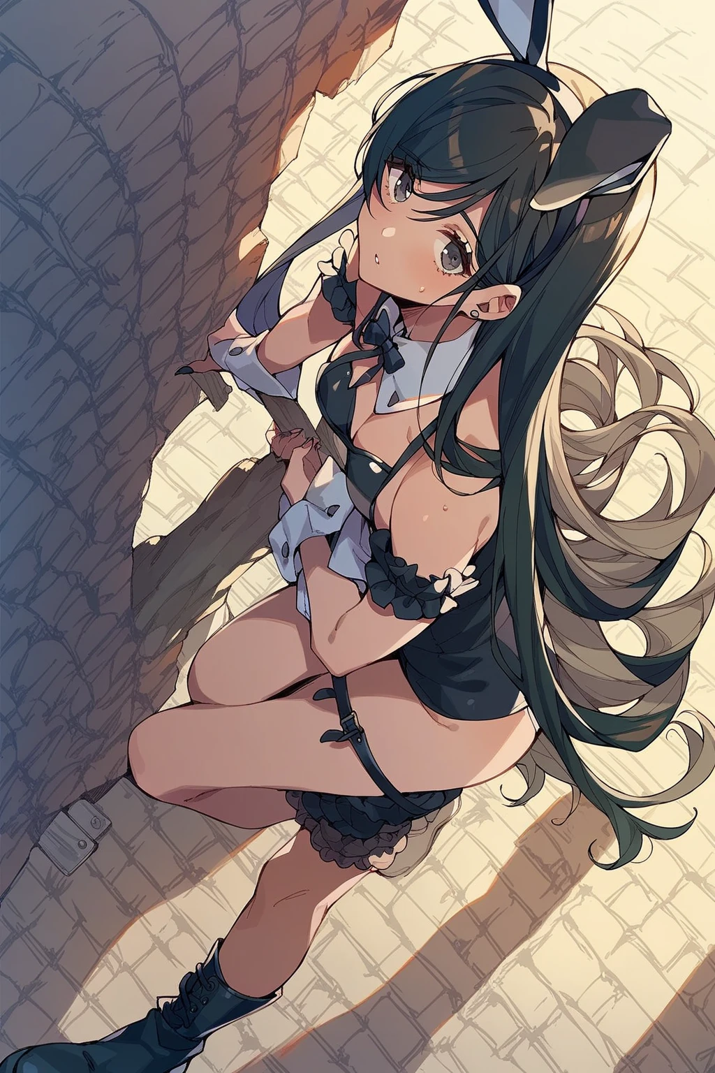 absurd, high resolution,  animal ears, black hair, red eyes,  blush, medium breasts, extra ears, panties with lace trim, lace trim,  long hair, mouse ears, girl,  mouse tail,  multicolored hair, belly button , no pants,  parted lips,  peek at pubic hair, through clothes,  underwear,  white hair, spectator from behind, focus on ass, knees, on all fours, wet