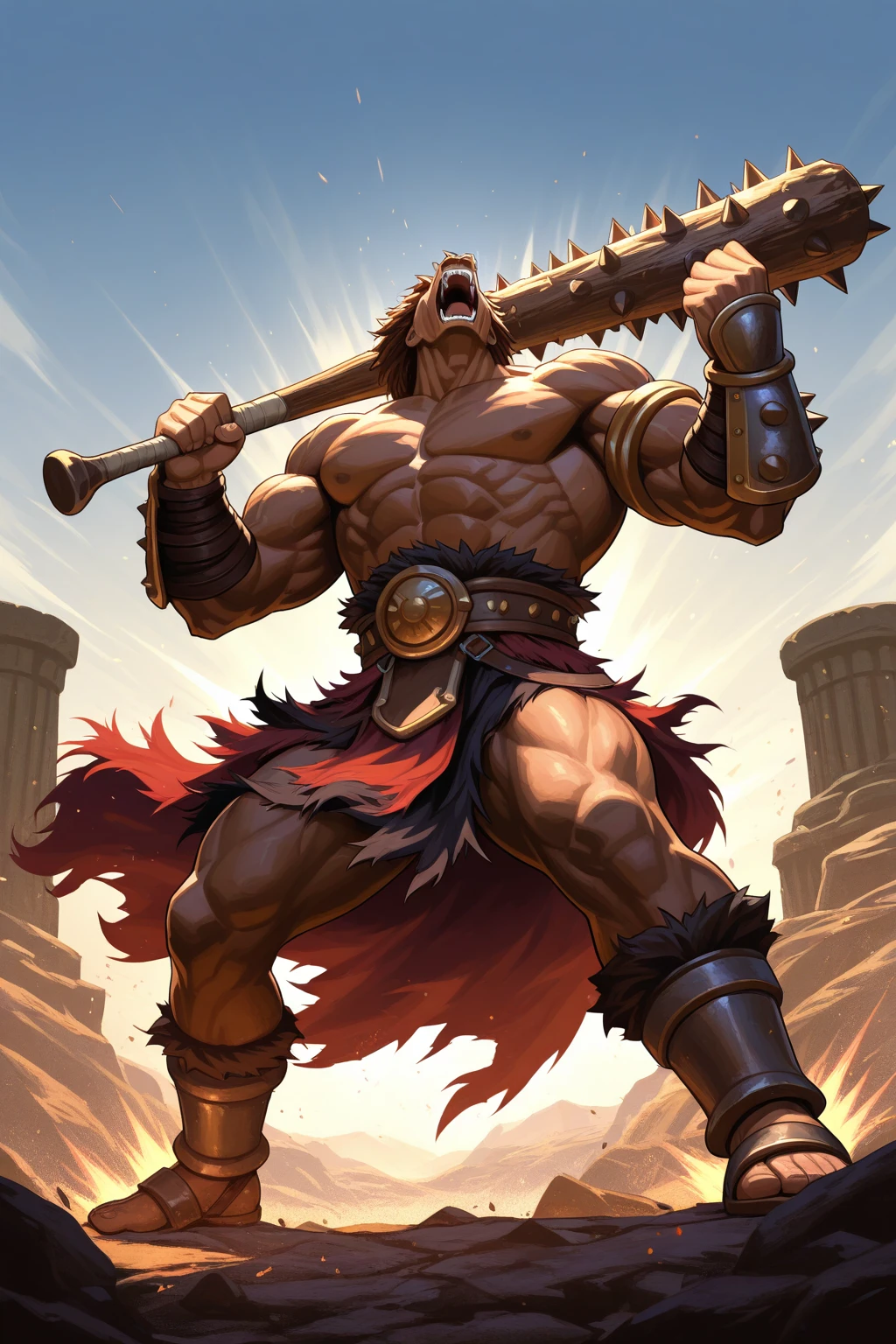 The man, the king of the wolves, holds a ball while wolves surround him, muscular,wearing armor, in the footbal field.full body image, low angle view