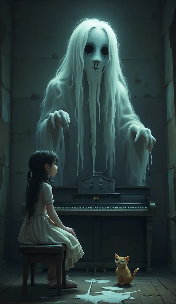 Create an image of a ghostly man with a dark, somber expression, surrounded by a translucent glow. He is playing a grand piano in the dark ballroom of a hotel. The ballroom is dimly lit, with flickering lights casting eerie shadows on the walls. The man appears ethereal, with a spectral, haunting presence. The background includes ornate, decaying decorations and an old, worn floor, enhancing the creepy, unsettling atmosphere reminiscent of a classic horror movie