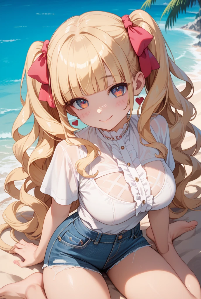 Blonde angel girl, Teenage face, long curly hair, blue eyes, bright white wings, well endowed, big tits, round ass, dressed in an open ethereal white dress, with the tits out, squatting with legs apart, showing her shaved vagina, sweet and heavenly expression, heavenly environment with clouds and golden light, NSFW