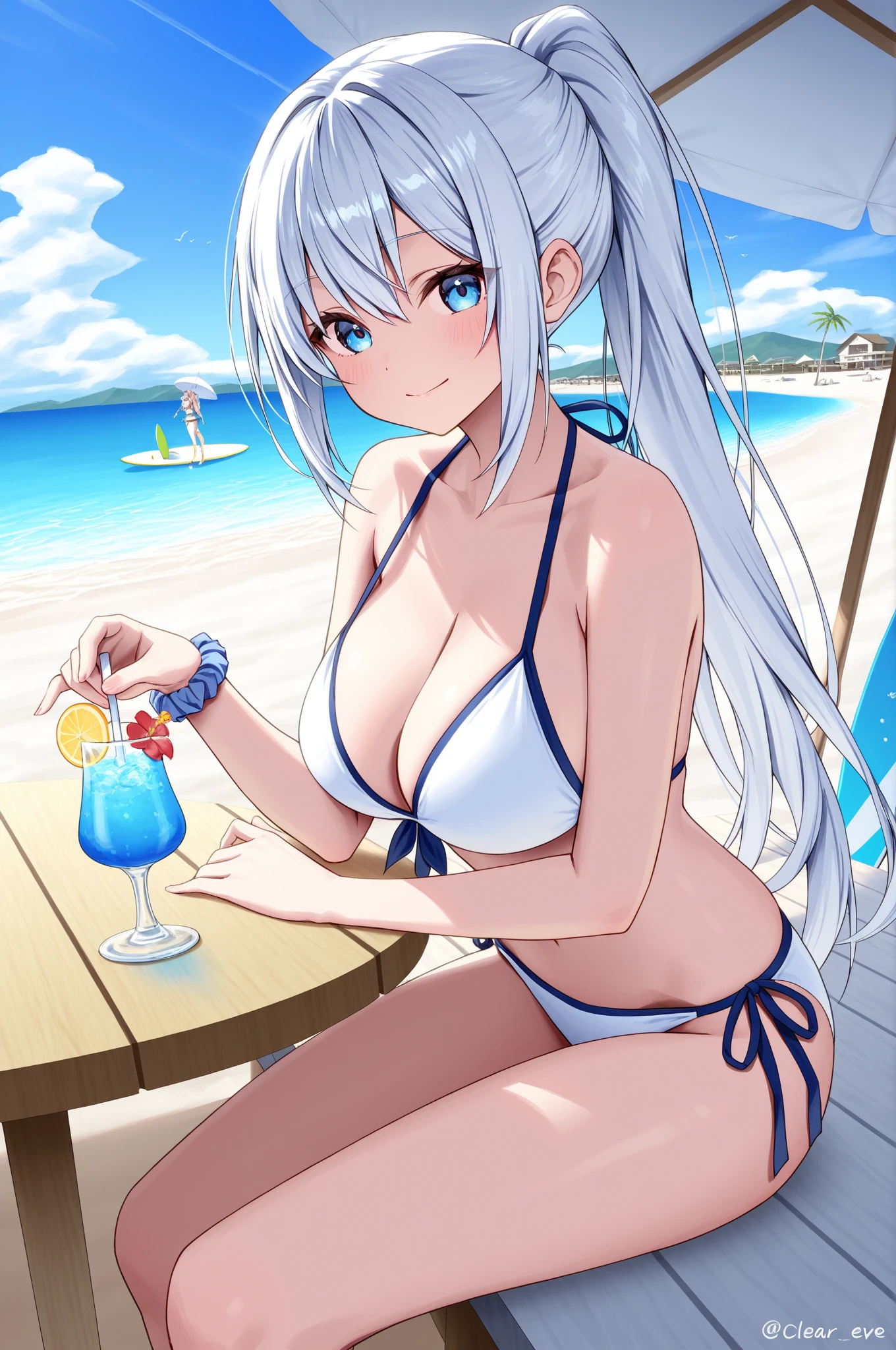 ((Masterpiece)), (Squat)), (Sit on a White Beach Chair and Drink Tropical Juice), (((Metallic White Bikini)), 1 Girl, Long-haired, Ponytail, (Silver-haired), Sad Smile, Aqua Eyes, Small, 15 years old, Noon, Sunshine, Seaside, Fantastic Sky
