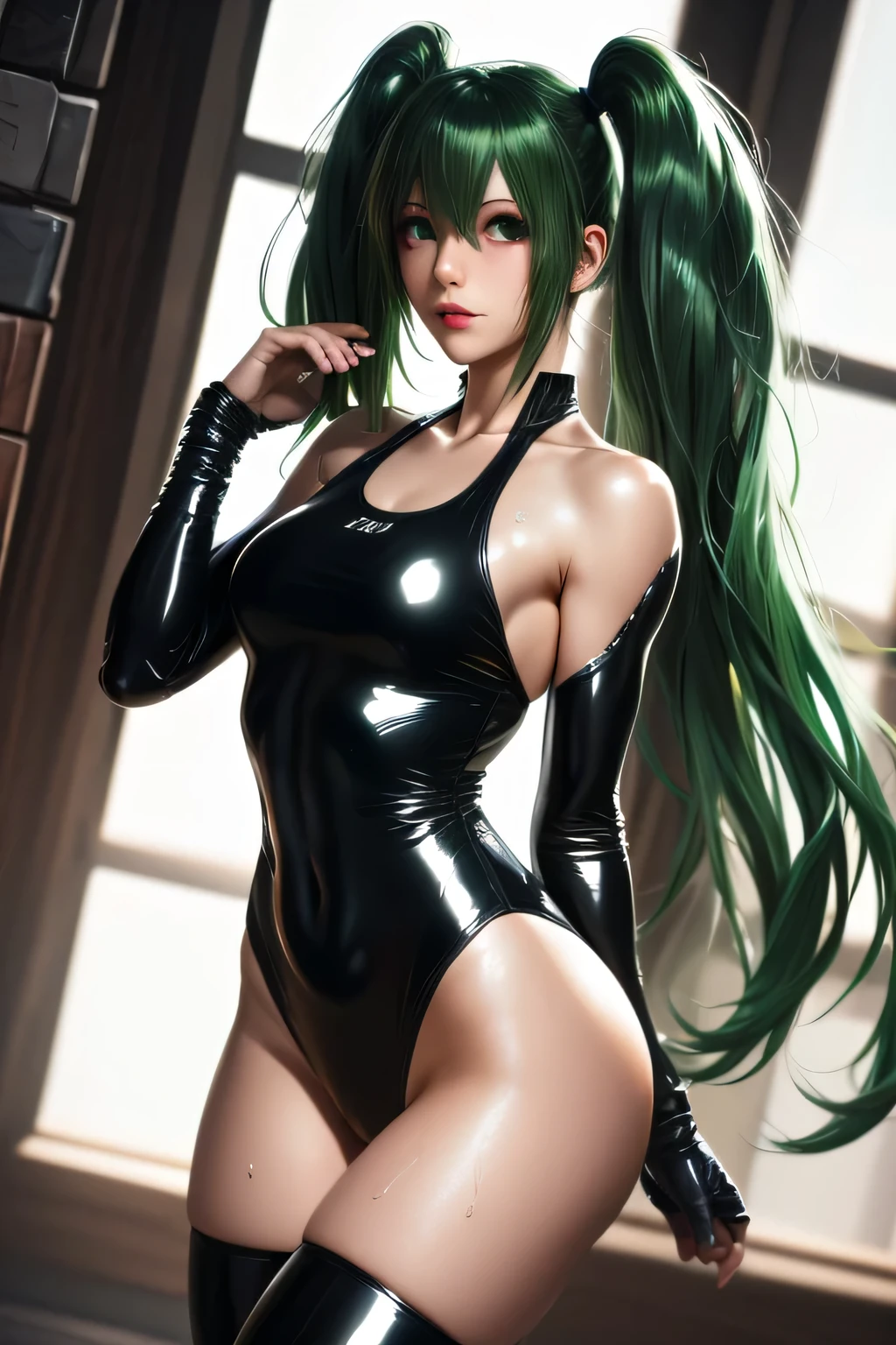 ((perfect anatomy:1.2,realistic:1.3,RAW Photography:1.3,masterpiece、highest quality、Ultra - High resolution、High resolution、Highly detailed CG、8K)), image of Bayonetta, full body, show ass,sweaty, (wet skin), long straight hair, green hair, The outfit should be alluring and overrevealing, unzipped:1.2, ((costume is unzipped )), narrow waist, wide hips ,very thin slender body, thigh gap, sweaty, ((tiny breasts, round breasts, perky breasts)), ((show side view of her body)), shoulders and armpits visible, ((backside view)),
