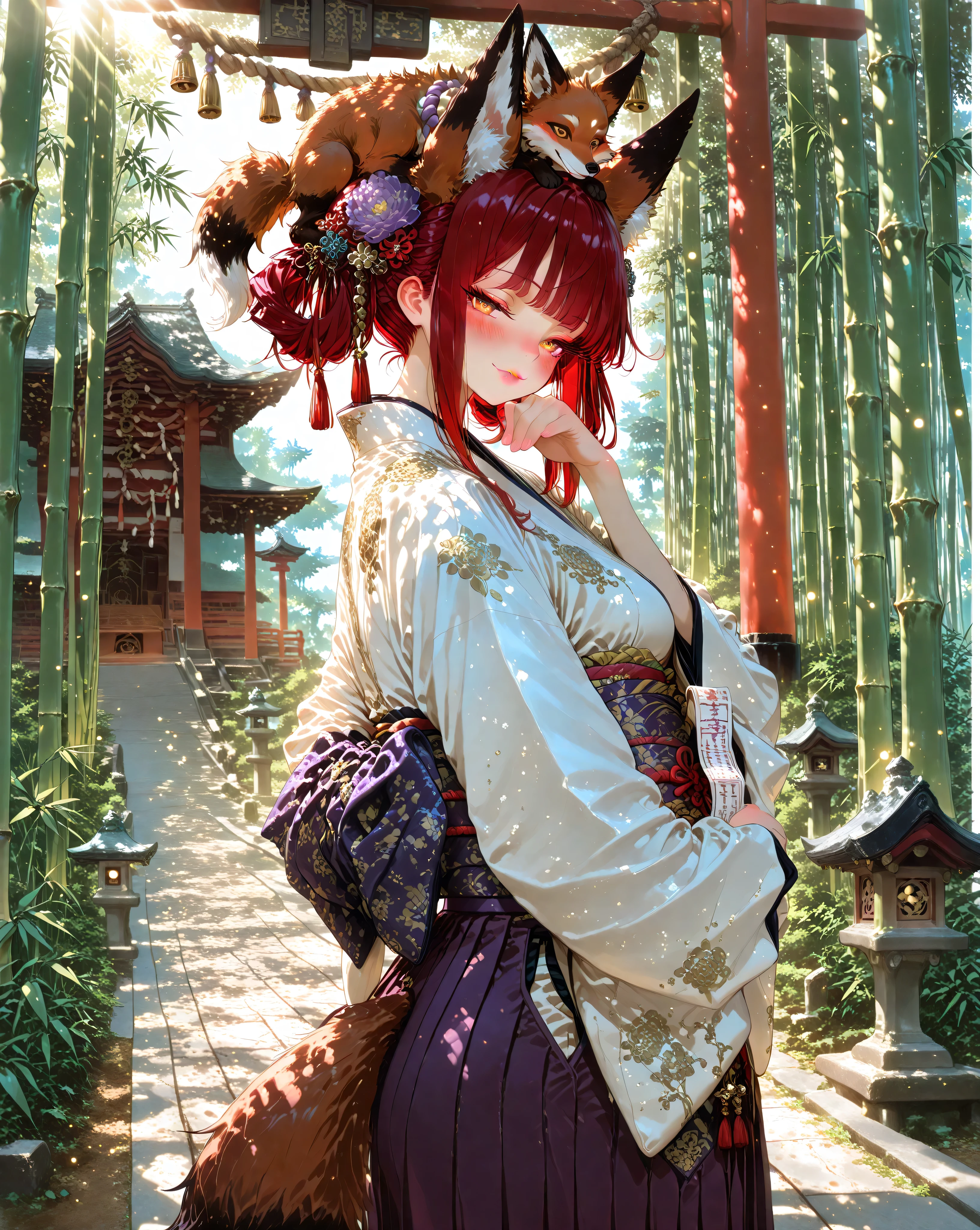 addmicrodetails,(masterpiece,best quality,good quality,ultra high resolution,ultra detailed,newest):1.5,
(anime style,sharp focus,illustration,clean lines):1.4,
(glowing,cg effect):1.8,(ethereal,dreamlike):1.6,(luminous aura):1.5,
(from above), (upper body),
(breathtakingly beautiful woman):1.8,
(1girl),
(dark red fox ears,dark red fox tail):1.8,(fox on head):1.5,
(standing,graceful pose):1.3,
(silhouette,blended background):1.6,
(look at viewer),
(blush,seductive smile,porcelain skin,hyper-detailed face and eyes,golden eyes,individual eyelashes,thick lips,detailed pupils):1.6,
(curvy body lines,biologically correct, perfect realistic hands and feet,natural and graceful hand pose:1.1):1.6,
(dark red hair,outer hair:dark red):1.5,(inner hair:light red):1.5,(flowing silky):1.6,
(traditional Japanese Yasha-maki hairstyle,stray hair strands framing face):1.4,
(kanzashi,kogai,tama-kanzashi,bira-kanzashi,beautiful floral hair ornament,small floral,glistening,ornate hair ornaments for double buns):1.6,
(fitted kimono and hakama style):1.8,
(lavender kimono tops,long flowing sleeves,intricate floral embroidery:0.8):1.7,
(plain deep purple long hakama,wide pleats,wide bell bottoms,Ankle-cut hem):1.8,
(deep purple obi,intricate gold pattern,obi attached to hakama):1.6,
exposed brown ankle boots,
(textured fabric,intricate embroidery):1.4,
(shrine grounds,torii gate,(main shrine building,honden,ornate shrine,traditional Japanese shrine architecture),stone lanterns):1.8,
(bamboo forest,bamboo grove,tall bamboo,lush greenery,behind shrine):1.7,
(shimenawa,ema,omikuji,chozuya,komainu):1.5,
(morning sun,sunrise,golden hour,warm light,soft light,sunlight rays,dappled light,atmospheric light):1.8,
(cinematic lighting,volumetric lighting,dramatic lighting,dynamic lighting,contrasting light and shadow,rim light,dramatic angle):1.3,
(soft glow,iridescent,glowing particles):1.3
