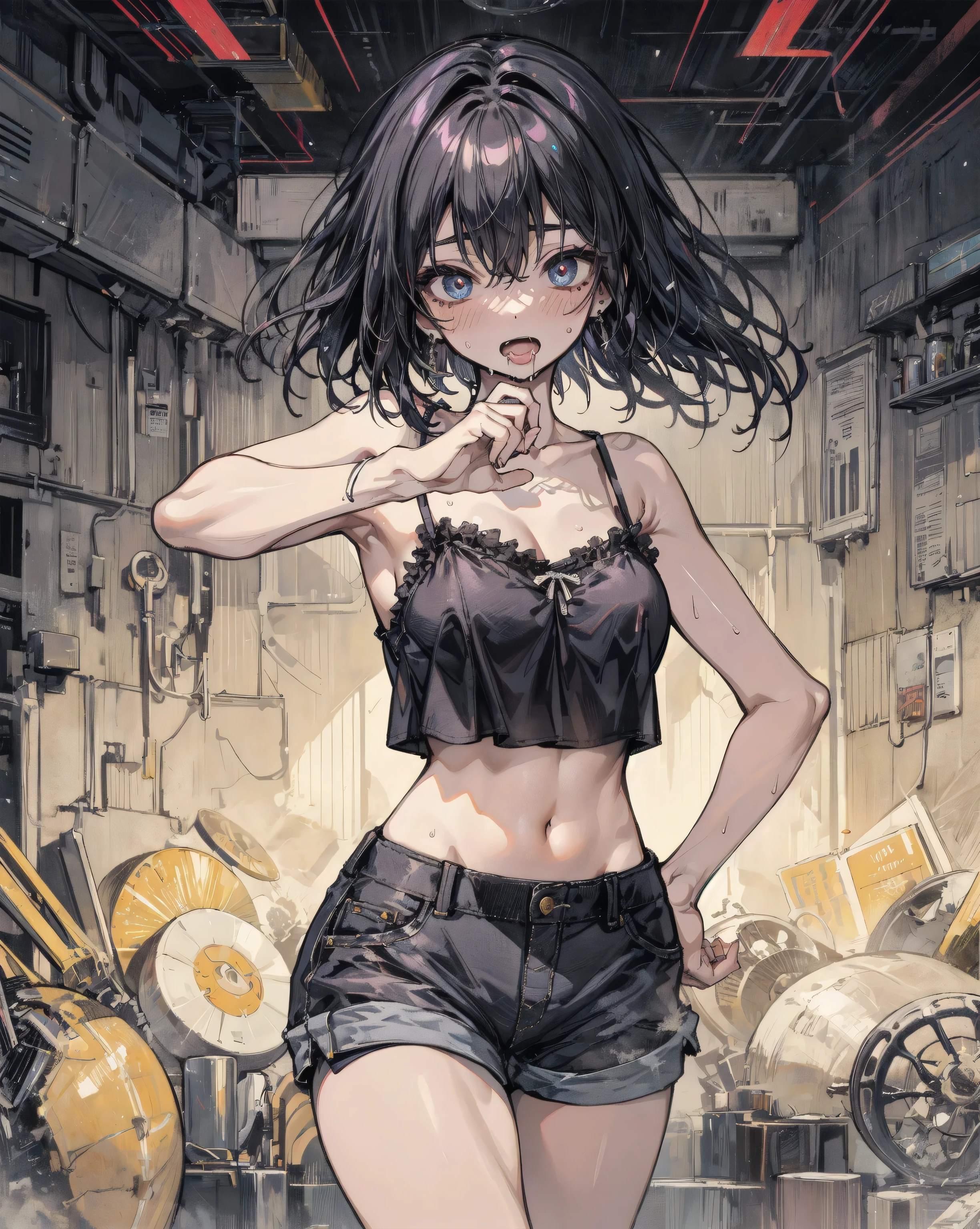 1boy, 12-year-old, Emo hairstyle, black lipstick, dog collar, eyeliner, eye shadow, smoky eyes, realistic lighting, tank top, short shorts, sneakers, satanic tattoo, smug, smirk, short hair, flat chest, sweat, sweaty, shiny skin. slim waist, erection under clothes, buble butt, Height about 120 cm