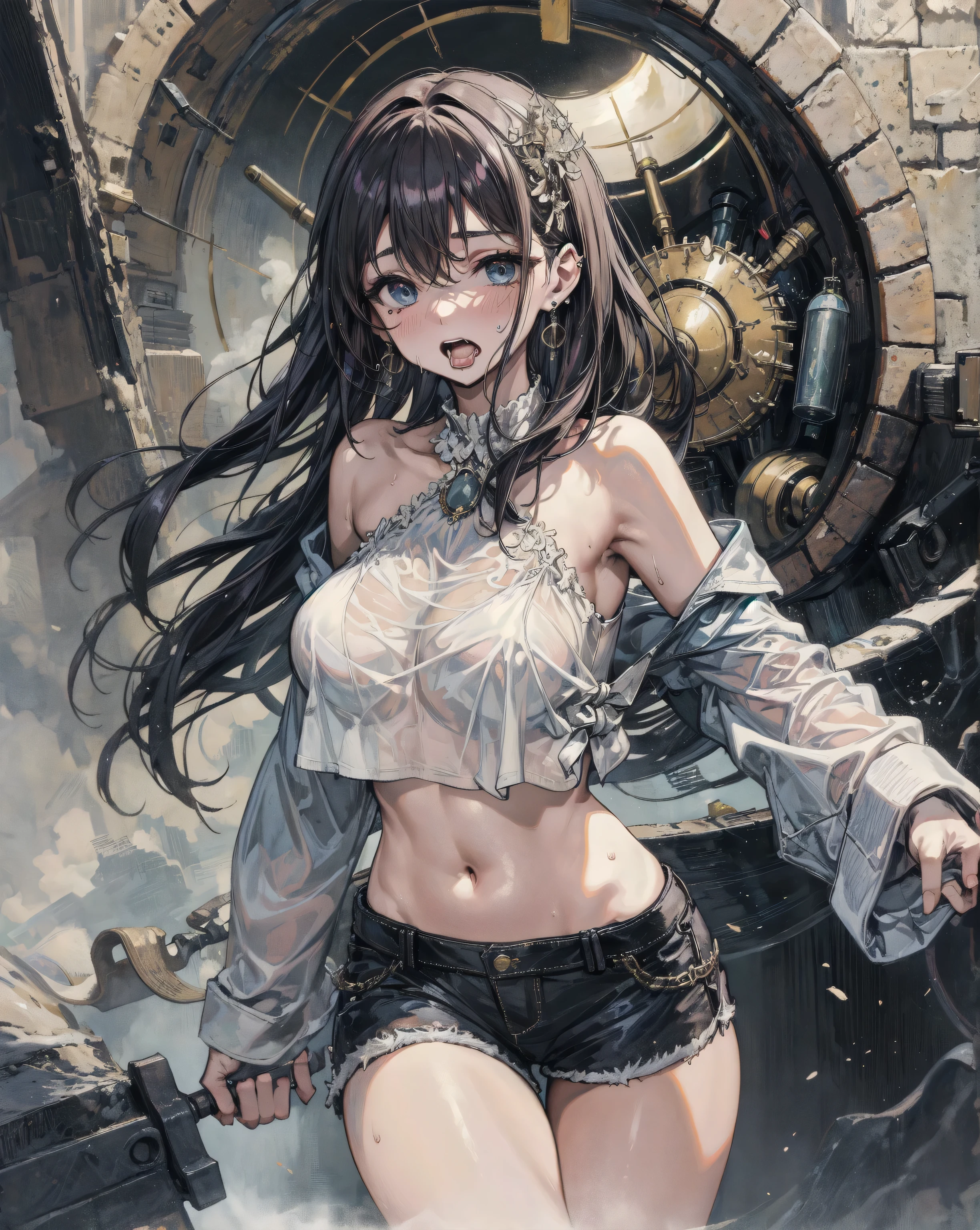 absurdres, RAW photo, extremely delicate and beautiful, masterpiece, Best Quality, ultra high resolution, 32k, hyperrealistic, ultra-detailed, perfect figure, tearful mole, earring, whole body shot, short medium hair, wavy hair, big breast, casual, blouse, white shirt, buttoned shirt, bare shoulders, collarbone, midriff, navel, shorts, straw hat,