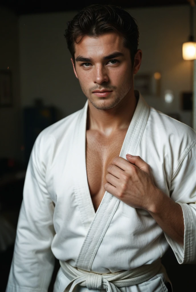 Masterpiece, denoise, void noise, one man, best quality, 8k resolution, male focus, focus only, amazing composition, volumetric lighting, super quality, elegant, Very detailed, front view, facing viewer, -----------, 35 years old, mature face, muscular, Caucasian, (((white skin, pale skin))), handsome, (detailed light-blue eyes), ((light blonde hair, messy medium hairstyle)), big ears, (hairy pectorals, thick plenty chest and body hair), (medium long beard), (((((Jim Sturgess mixed with Russell Tovey))))), (((big nipples, perky nipples))), ------------, (((detailed white karate trousers))), (((white karate top))), (((karate black belt))), ((sitting on the floor, legs open)), (((close-up))), (((shy)))
