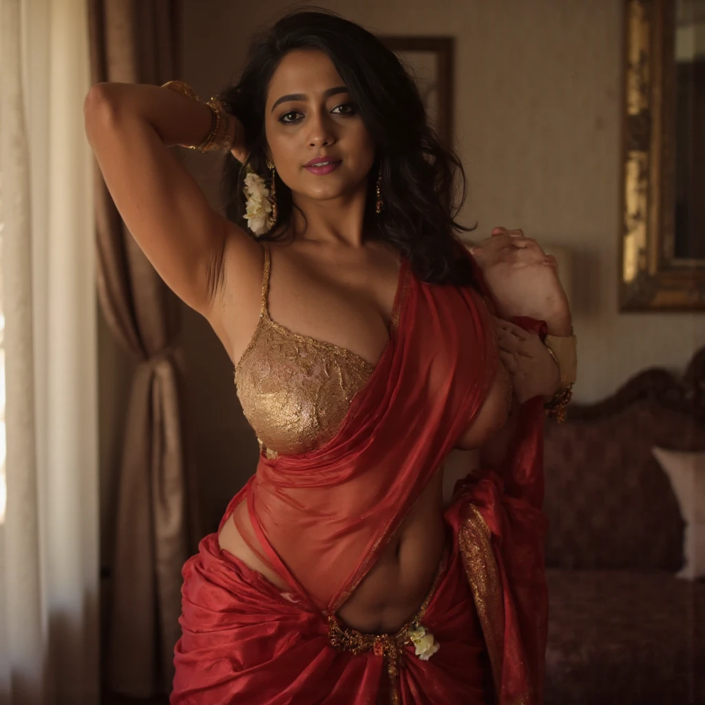 (masterpiece portrait photography:1.4) of a alluring ravishing curvy Sahrukh khan, wearing beautiful saree with blouse, wearing Indian outfit, Indian outfit, big breasts, cleavage, seductive outfit, sexy bikini revealing, wearing Indian outfit, Indian clothes, standing in marriage hall background (long flowing wavy backlit hair:1.2), fair radiant skin, vivacious, lustful glance, exhilarated (captivating kohl lined eyes:1.1) , (seductive smile:1.3) soft dramatic lighting,, key lighting, backlit, light rays, highly detailed, trending on artstation, paint splashes, rich colour, flowers all around, abstract portrait, by Ron hicks, full body picture, realistic face