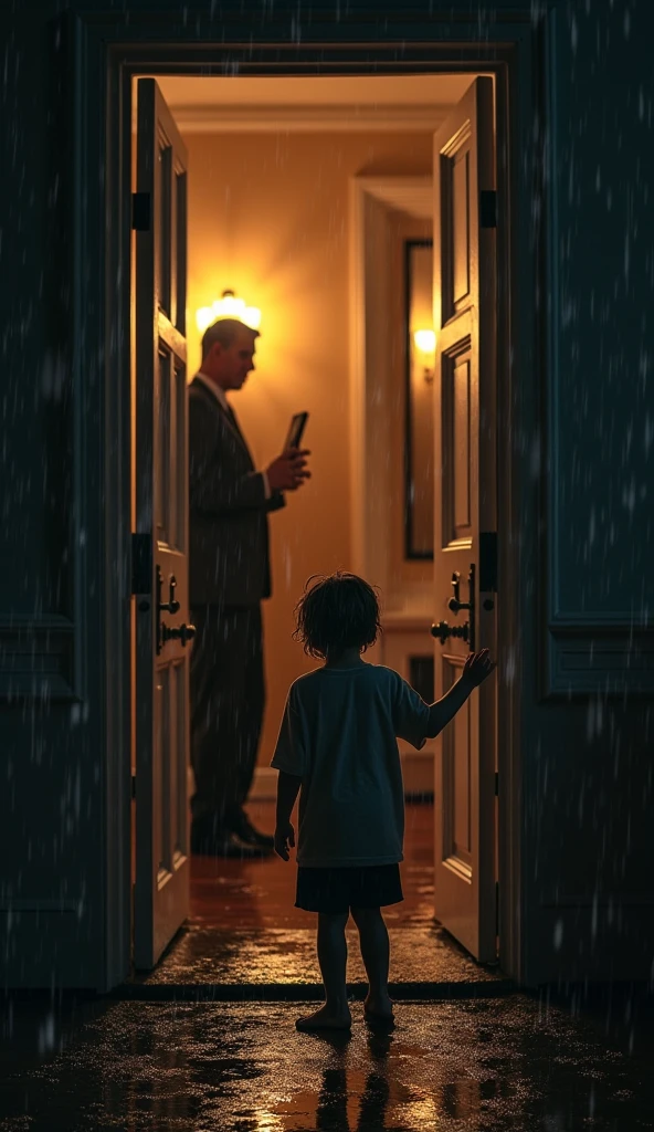 A school
boy shut his mouth use his hand and sit down under the window inside house after saw someone wears suits and hat look like pyscho killer and a axe in his hand (make a teror poster)