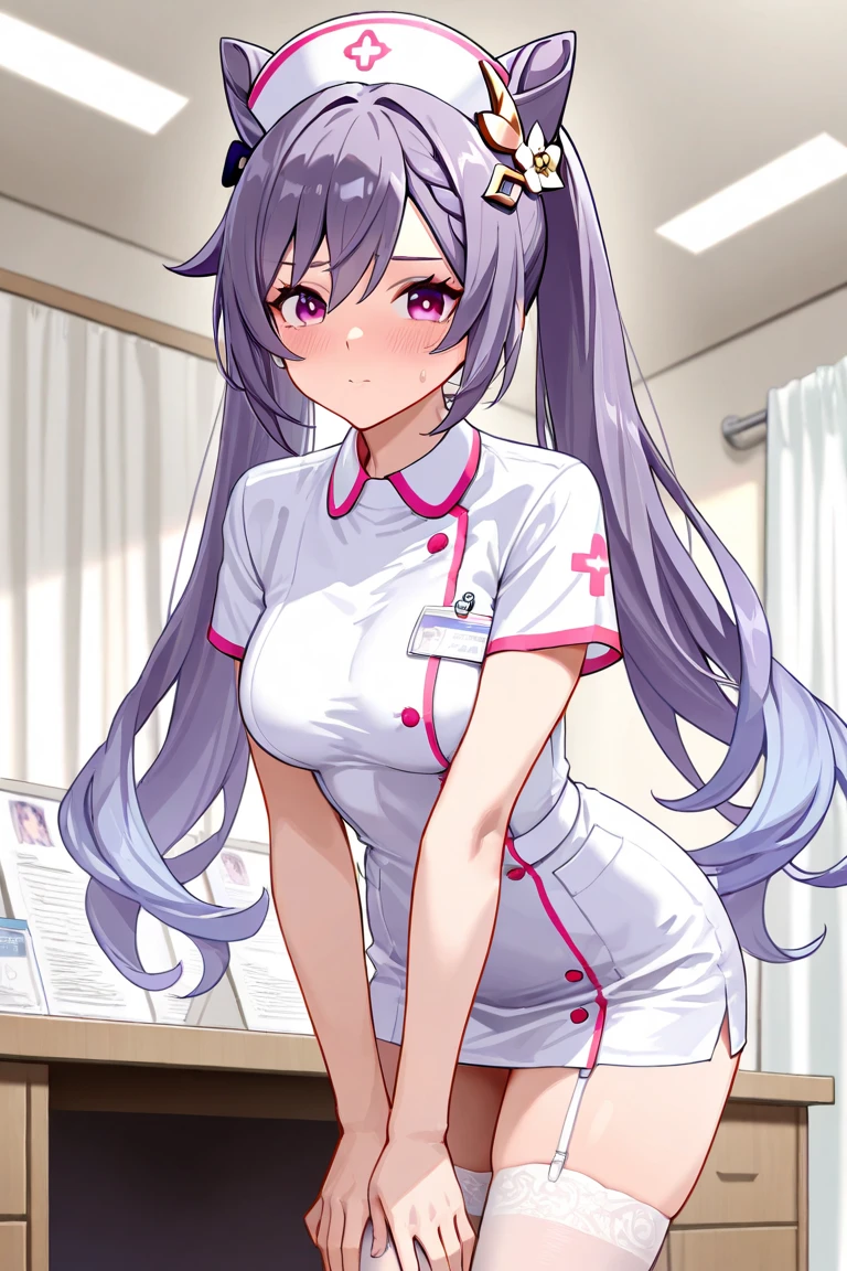 high resolution,smile,woman,woman1人,adult,cute, Medium Hair,wavy hair, Purple hair,Purple eyes, White nurse uniform,whole body, BREAK Background white,