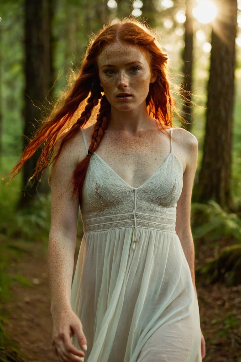 NSFW、hightquality、high-level image quality、hight resolution、a picture、Perfect human body structure、1 Beautiful scandinavian 19 year old ginger Girl、full bodyesbian、A sly smile、elvish、long red hair in very long intricate ceremonial braids、fullnude、White and thin silk robes disheveled、Wet and snugly attached to the skin、Open crotch、Forest with springs、Pose Seductive, arri alexa 65