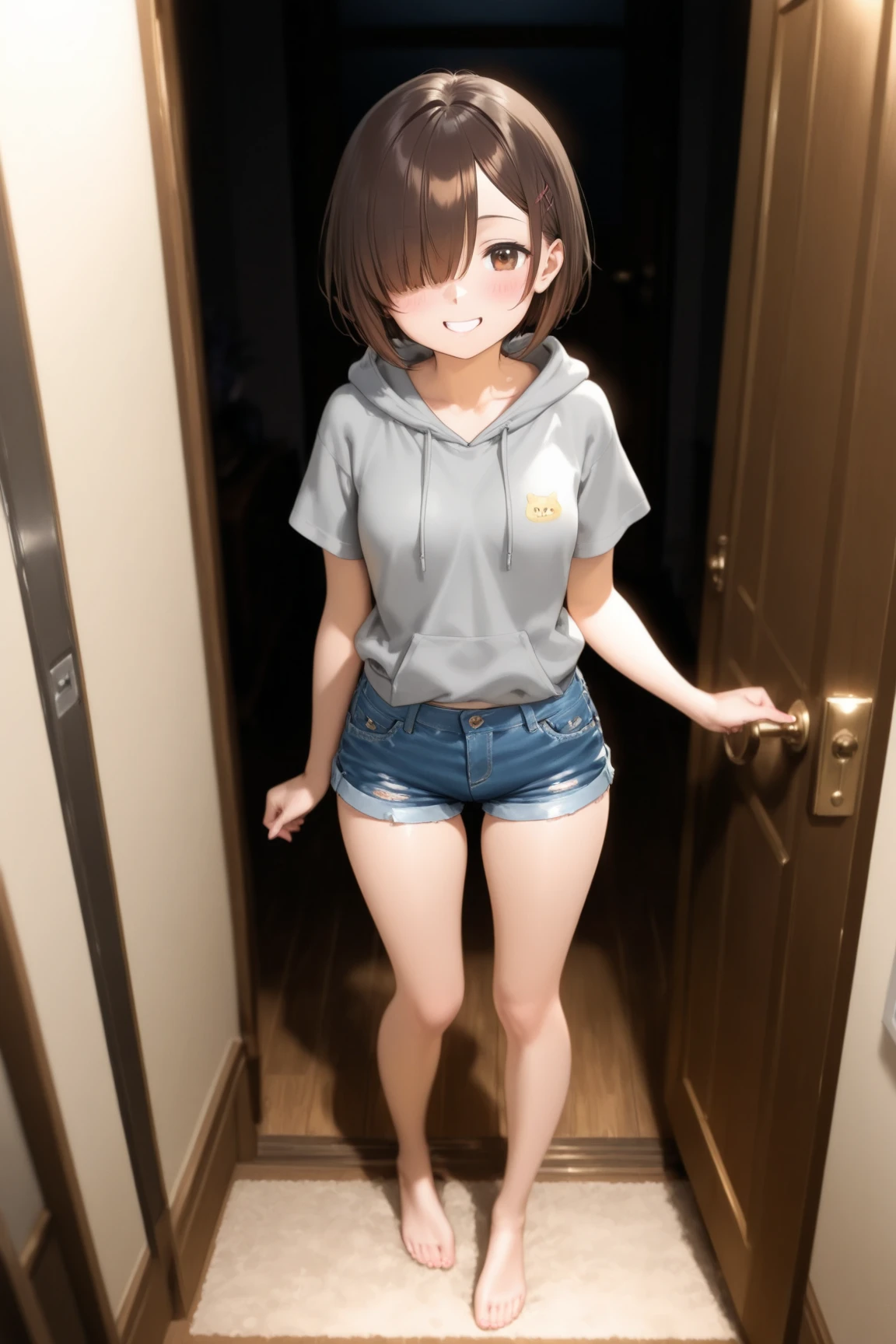 High precision in selection、Highly detailed、best image quality、Cute fair girl、20 years old、standard figure、medium bust、High precision in selectionな茶色い瞳、Beautiful dark brown hair with luster、hair over one eye, short bob、 disgusting expression、gray simple short sleeve hoodie without logos or letters、Denim Shorts、Barefoot、standing in front of the room entrance door、is smiling、dark room、 slightly from above