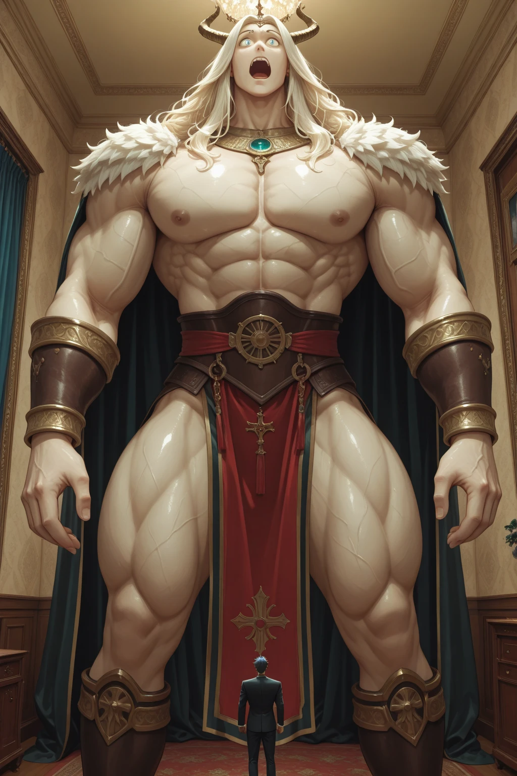 Hyperrealistic image of a merman superhero ballet dancer with gray hair and very long hair., very old and very sweaty bodybuilder over 80 years old.very muscular and fat. He weighs more than 200 kilos with a bare torso, large flabby pectorals, brown nipples and large gray mustaches, standing in the middle of a stage with a Victorian red velvet curtain in the background and many bronze candelabras, wearing a velvet and satin loincloth with gold embroidery. 