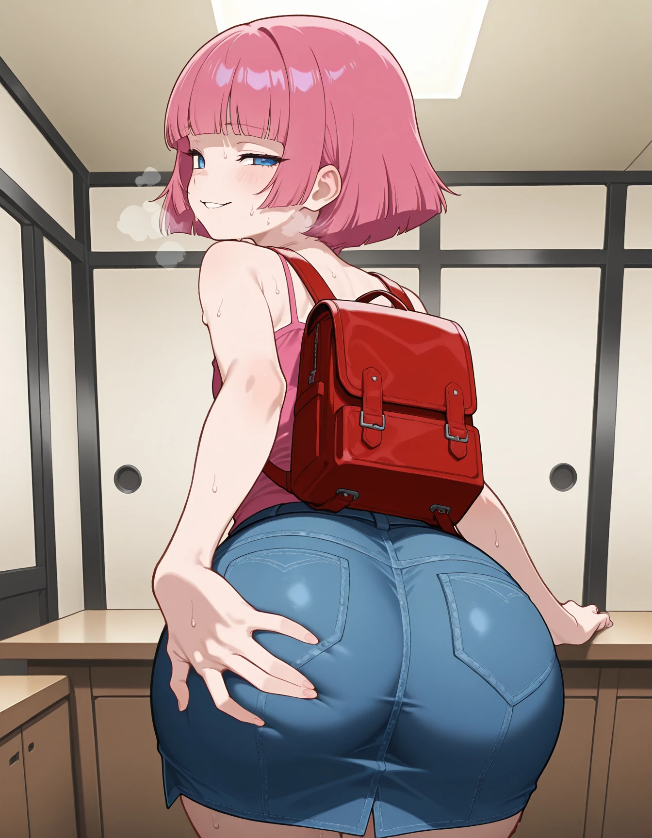 (masutepiece), (Best Quality), (hight resolution), Detailed, (Details 1.2), (Hyper Detail 1.4), (Glamorous Digital Art 1.2), absurderes, 1girl in, Small breasts, Ass, Hair ornaments, Solo, Pink hair, (Black shirt:1.3), jeans, (train station:1.2) Running, thighs thighs thighs thighs, shortstack,