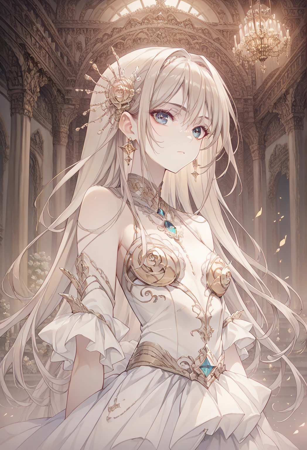 ((Highest quality)), ((masterpiece)), (detailed), （Perfect Face）、The woman is a Kamui with medium-long silver hair, wearing a gorgeous black wedding dress with gold embroidery and trim, a wedding veil, and an engagement ring.