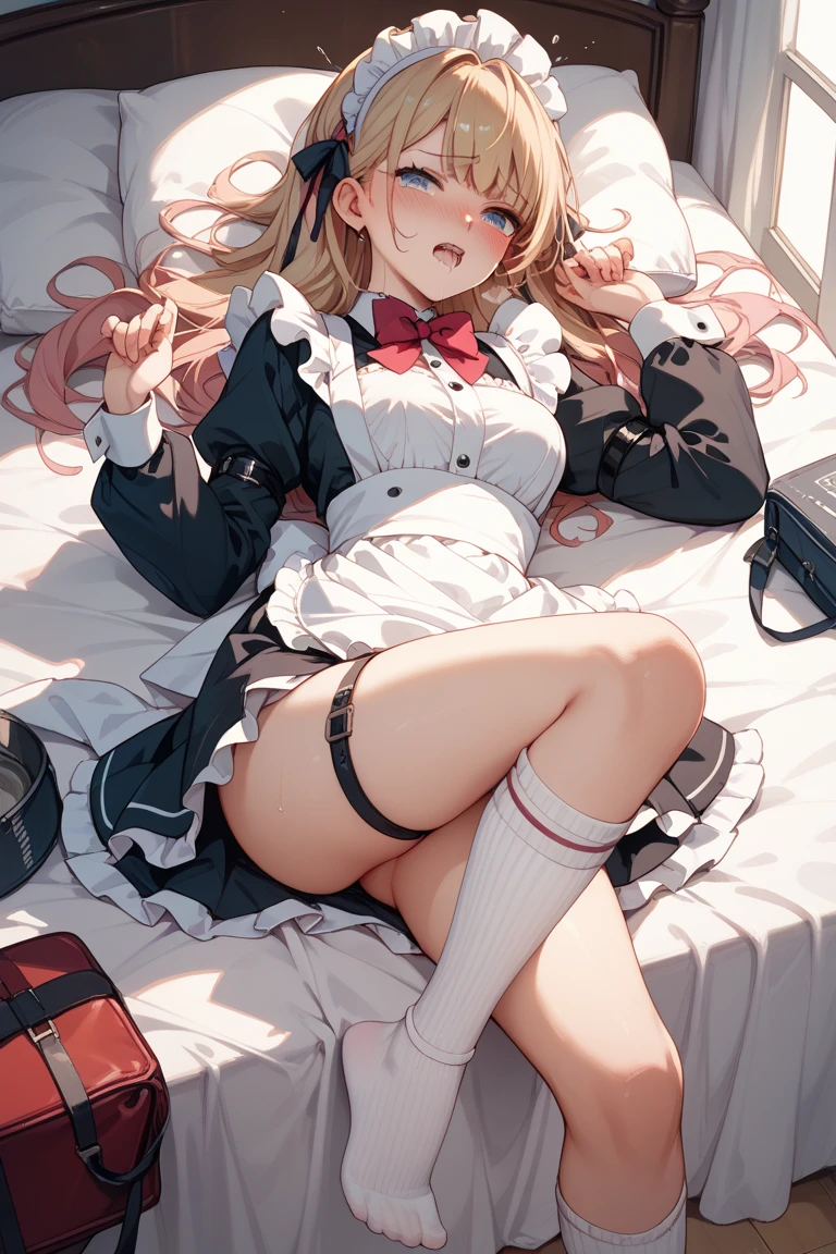 Shiny blond hair, very long hair, sophisticated haircut, ((((hair fully braided)))), ((small twisted braids)), thin and oval face, submissive, (((gagged))), ((((latex straitjacket)))), ((((tight latex skirt)))), cute and blushing 18 years old anime girl, look away because she is embarrassed and blushes, (fidgets and tries to free itself from its constraints), bright blue eyes, detailed face, detailed members, detailed arms, detailed hands, ((((sparkling diamond jewelry)))), tiara, ((makeup)), high heels, puffy sleeves, long gloves, long eyelashes, Girl lying, tied by ropes, shackled, can no longer move, tied tightly, very hard tied up with lots of ropes, hampered by so many ropes that she can no longer move, bound hands and feet, ropes tie his whole body, tied extremely tightly and forcefully to her bed by a lot of ropes, its limbs are strongly tied together by ropes, his torso is tied up with thick cords, her chest is so tied up with ropes that it sticks out, her legs are tied tightly with thick ropes, his hands are tied behind his back with ropes, she can no longer move her feet, her hands which are tied by thick ropes, she desperately tries to free herself, likes to be tied tight with big ropes, likes to be immobilized by big ropes, lying down, his hands and feet are strongly tied to the railing of his bed, his legs are pressed together and tied with ropes, its limbs are held vigorously by imposing ropes, her hands are tied securely behind her back by ropes, her chest is compressed by strong ropes, she is pressed against her bed and restrained by large ropes, (ropes tie her entire stomach tightly), (shibari, arms behind the back:1.4), (hands on the back), (masterpiece, best quality) 1.5, 1girl, solo, (sexy, beautiful woman, perfect face, perfect eyes, perfect hands), samus aran, (shibari, arms behind the back:1.4), (hands on the back), Spread the legs, s' ((lie in bed by big ropes)), ((close up of the girl)), ((((lie in bed))))