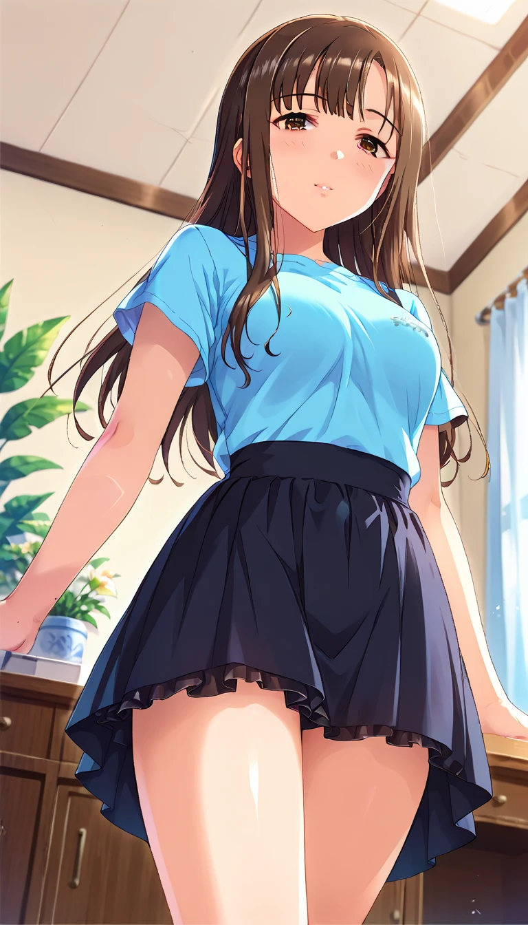 (highest resolution, distinct_image) best quality, woman, masterpiece, highly detailed, semi-realistic, 21 years old, cute, young, beautiful, interior, modern bedroom, window, wake up, morning, blush, thick thighs, wide hips, thin waist, tall, coral, (sweat: 1.2), (wet), sexy, blush, wear shorts, shorts, yoga pants, denim shorts, short skirt