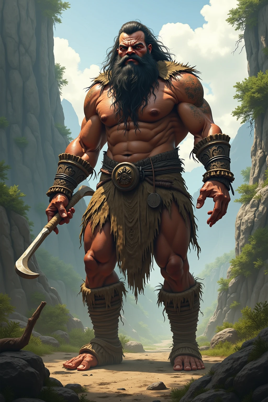 Muscular barbarian, upper body unclothed, legs uncovered from thighs to feet, flowing long curls, detailed muscular physique, lifelike representation, 4K resolution. Background: Wild untamed wilderness with rugged mountains,32k uhd, best quality, masterpiece, super detail, high details