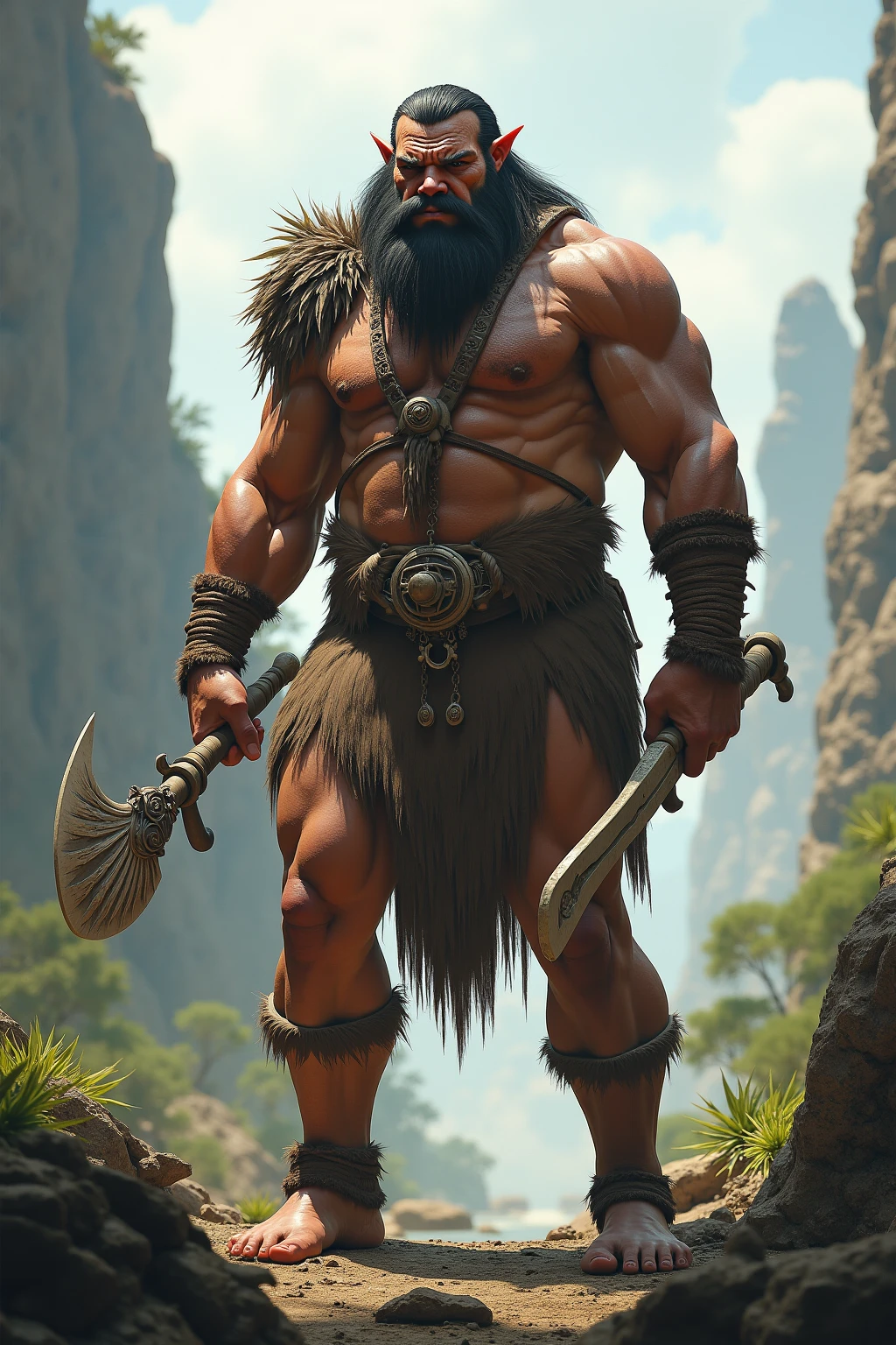 Conan exiles, male, character, beard, ragged clothes, stone pickaxe 