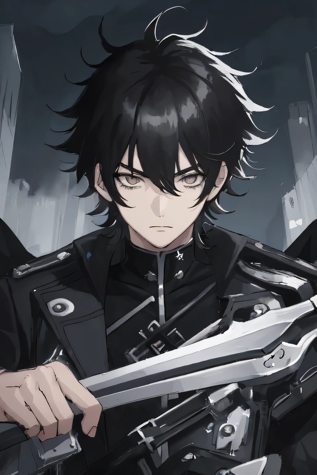 masterpiece, anime style, best quality, portrait, 1boy, solo, messy hair, black hair, thick bangs, silver eyes, black coat on shoulders, black top, gunblade on back
