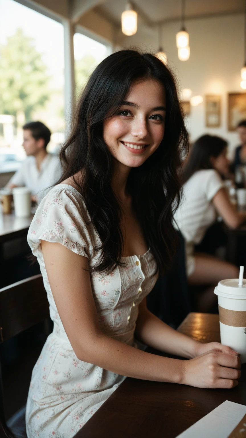 potrait photoshoot, market on the background, half body beautiful female with black wavy long hair, long sleeve red flanel:1, face like anne hathaway mix with japanese female, in the cafe drinking coffe, smile, huge boobs:1.2, curve body, high res.photorealistic:.1.4, UHD