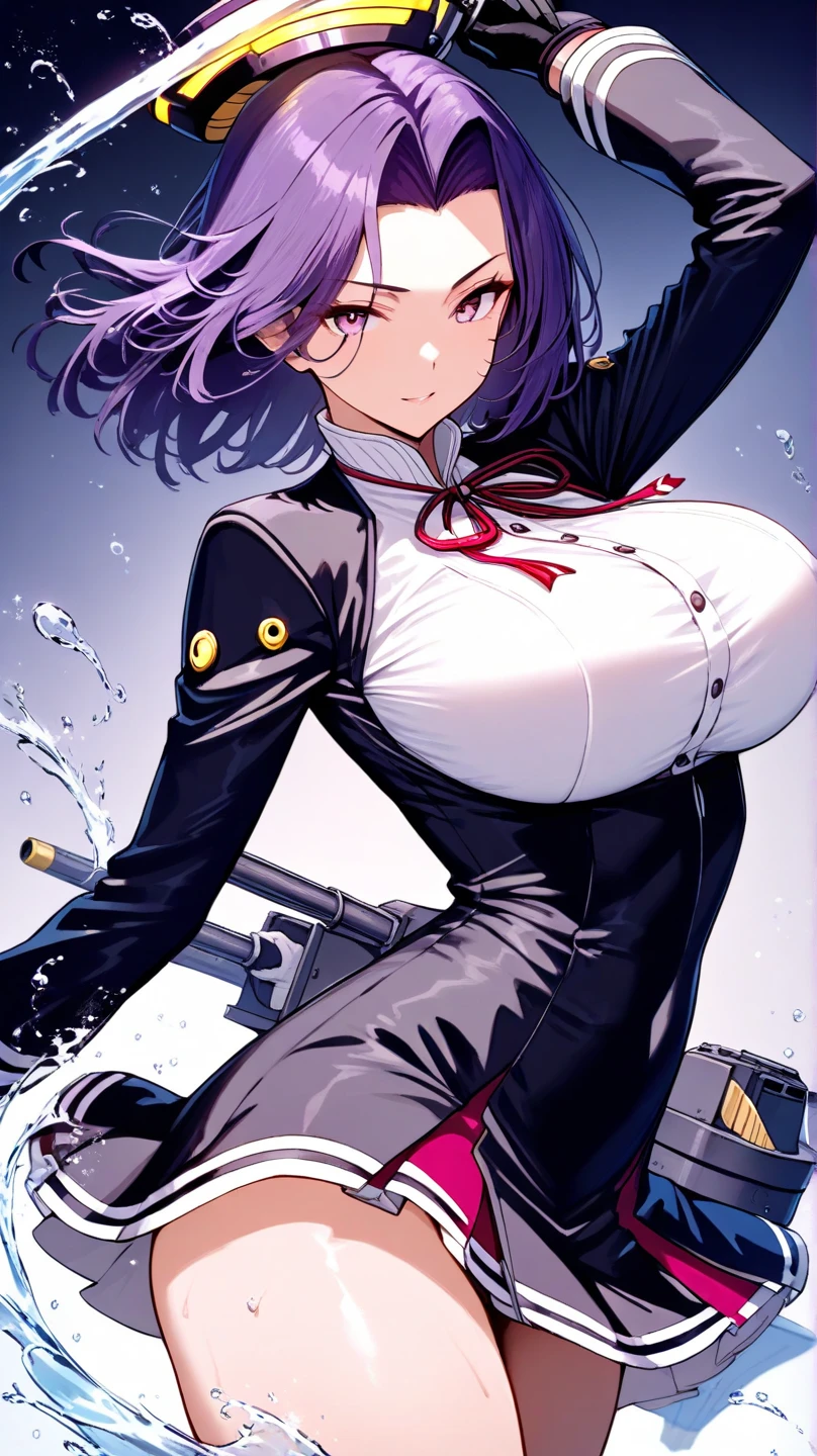 (Perfect body),Best Quality,(8K Portrait),(Official art)、((NSFW))、(Police Hat)、embarrassed from、(:o)、showing teeth、(((blush))),(Sweat),((((large udder))))、((Big ass))、(Dark hair),((bob cuts)), blush,Short hair, (Yellow eyes),(((thick thighs)))、Navy blue jacket、(((Khaki Leotard)))、(Hands behind the head)、Armpits、spreading legs、(lying on one's side)、