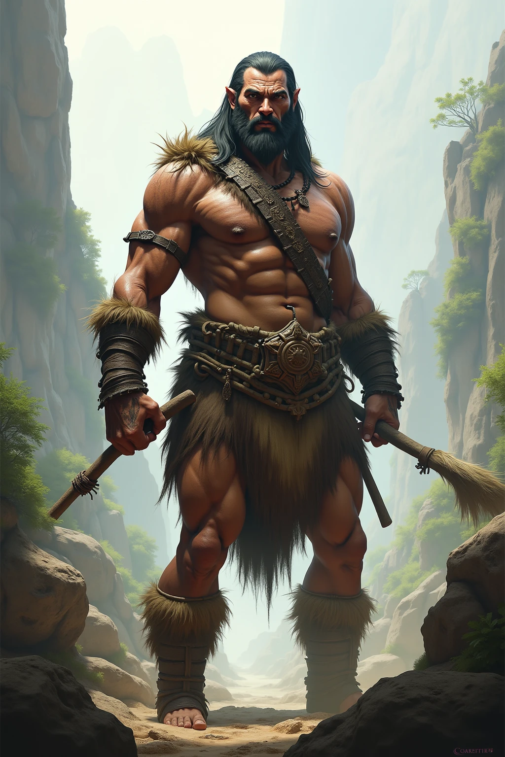 (1boy) (male) ((front view)) ((facing viewer))
Handsome, very detailed flawless face, detailed open eyes, very handsome, epic, heroic,
(muscular) bodybuilder, ((big muscles)), ((large pectorals)), narrow waist, long hair.
((hairy chest)), ((hair legs)).
Wearing fur loin cloth, carrying a wooden spear.
Emerging from a (dark cave) entrance. It is (night), the only source of light is a campfire out of view to the right.
Highly detailed fantasy art, dramatic volumetric light, artstation, beautiful modern fantasy illustration.
<lora:BulkedUpAIR1.5:0.3>
<lora:snowlight:1>