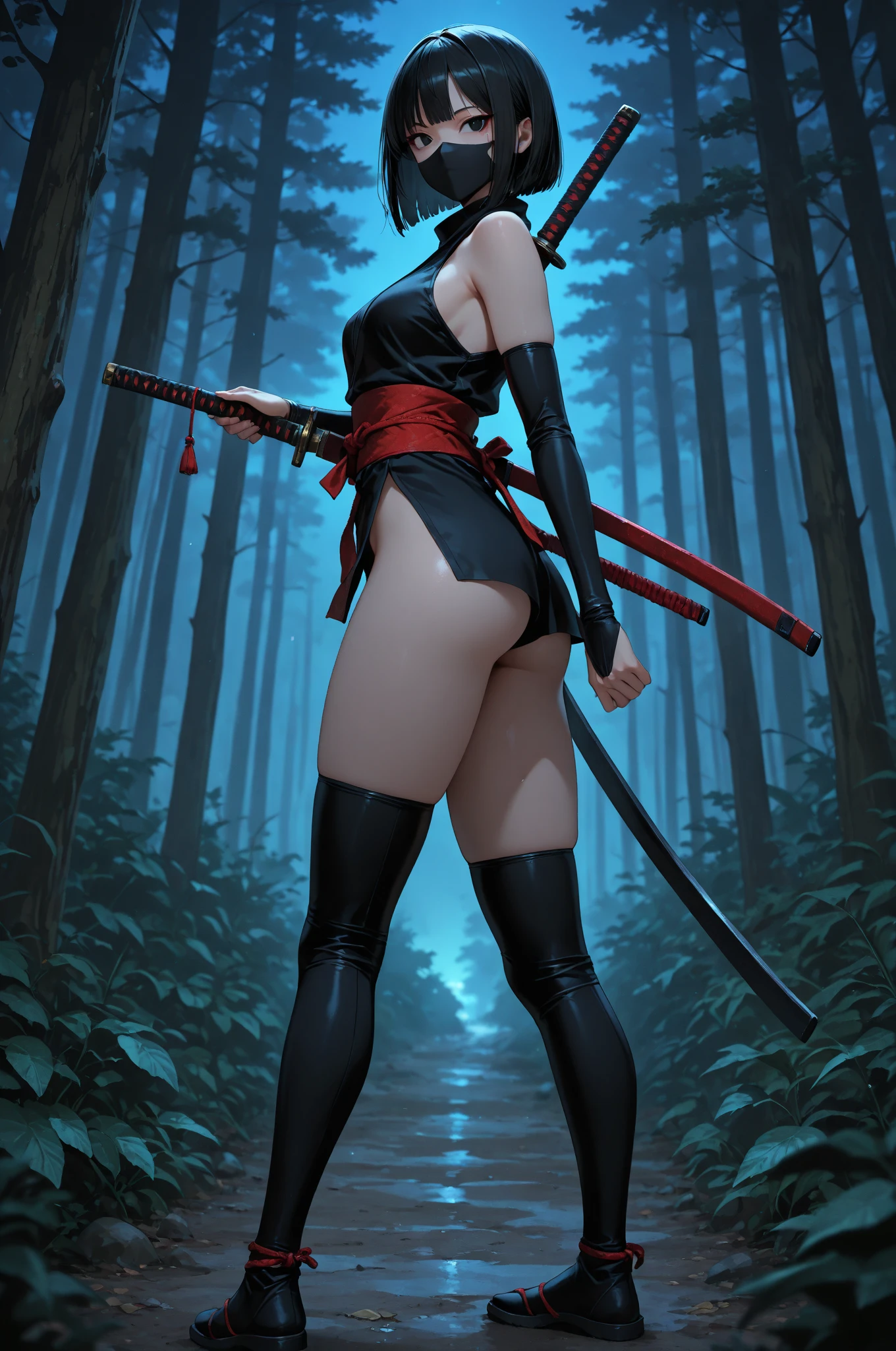 (masterpiece, Best Quality, photorealistic, cinematographic, ultra detailed, 8k), ((medium shot, from behind)), ((fighting stance)), ((perfect body, perfect anatomy, seductive, good hands, big breasts, long round legs, round ass)), (Female ninja with a slim, elegant frame), (She is wearing an elegant, All-dark Shinobi Shozoku with a Crimson Obi belt, hiding most of his face with a hood and mask, revealing only its sharp, almond eyes), (His outfit allows for silent movement, and wears soft-soled tabi boots), (Ayame carries a katana, Ninjato, shuriken, kunai, and a blowgun for combat, all expertly hidden within their robes), (His ninja character exudes elegance and practicality, making her an enigmatic figure in the world of shadows)
