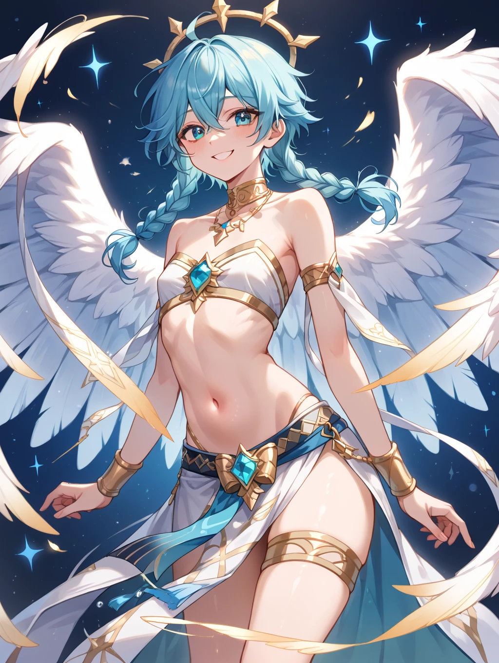 best quality,best resolution,(fluffy anthro furry :1.3),cat girl,small breasts,blue mint long hair,wavy hair,sparkle eyes,white fur,naked,sleeveless,gold bracelets,gold body accessories ornaments,floral hair ornaments,gold body ornaments,floating in the air,shiny angle wings on back,panoramic view,golden clouds background,gold sunbeam,light and shadow,looking at viewer,full face blush,happy face,:o,shiny armpits,