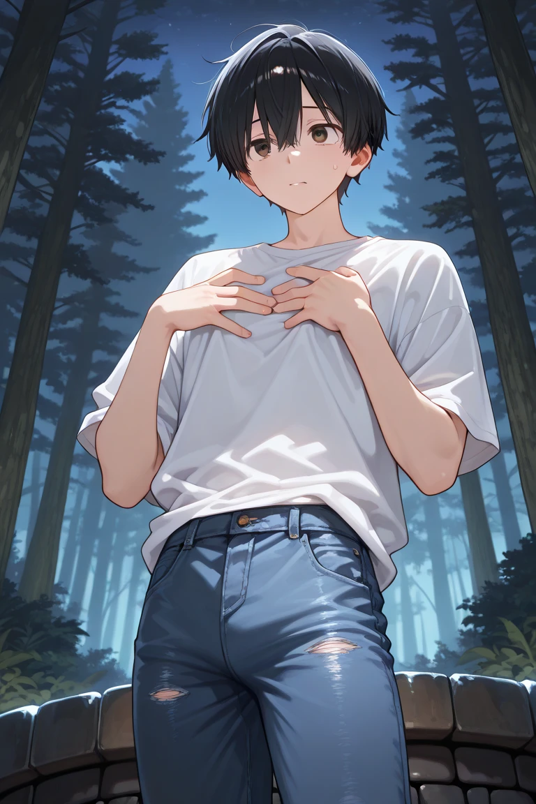 ((nighttime)), ((dense forest background)), ((1 boy)), seen from the waist up, ((focus on boy)), wearing a white t-shirt and blue jeans, shirt slightly loose and slipping off one shoulder, ((short black hair)), ((well-aligned brown eyes)), body visibly smaller and slimmer, chest beginning to show small curves, waist narrower, hands gently placed near his chest, posture slightly tense and unstable, mouth slightly open, confused and worried expression, the shirt hanging more loosely due to smaller frame, trees behind him, natural shadows, subtle fog near the ground, soft light from the moon above, no magical elements, no glowing effects, no holes or pits