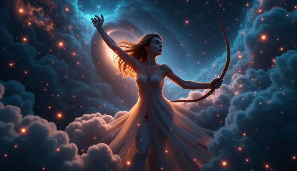 A woman flies in the sky with a crescent moon, Such as bow archery，a backdrop of：White clouds under your feet，Above are the endless cosmic stars，celestial goddess, author：Tim and Greg Hildebrandt, author：greg hildebrant, venus goddess, The goddess of the hunt and the moon, goddess of space and time,cosmic goddess