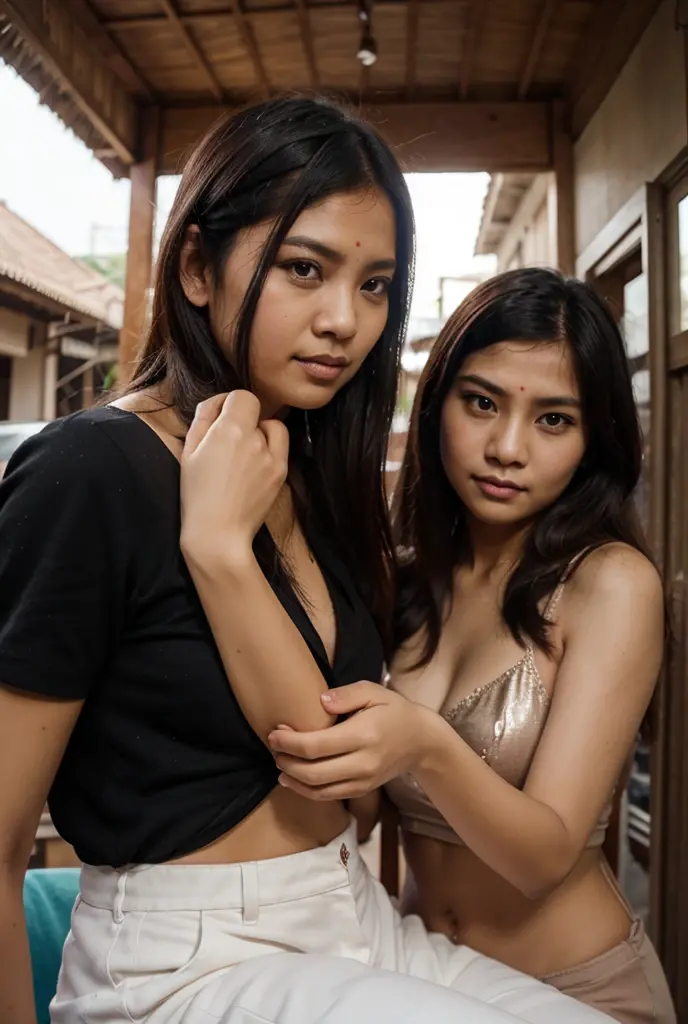 Two naked girls are wrestling, two young sweat georgeus Indonesian girls is wrestling on the street, both are only wearing panty, both have slim body, realistic, very detail, both are beautiful,
