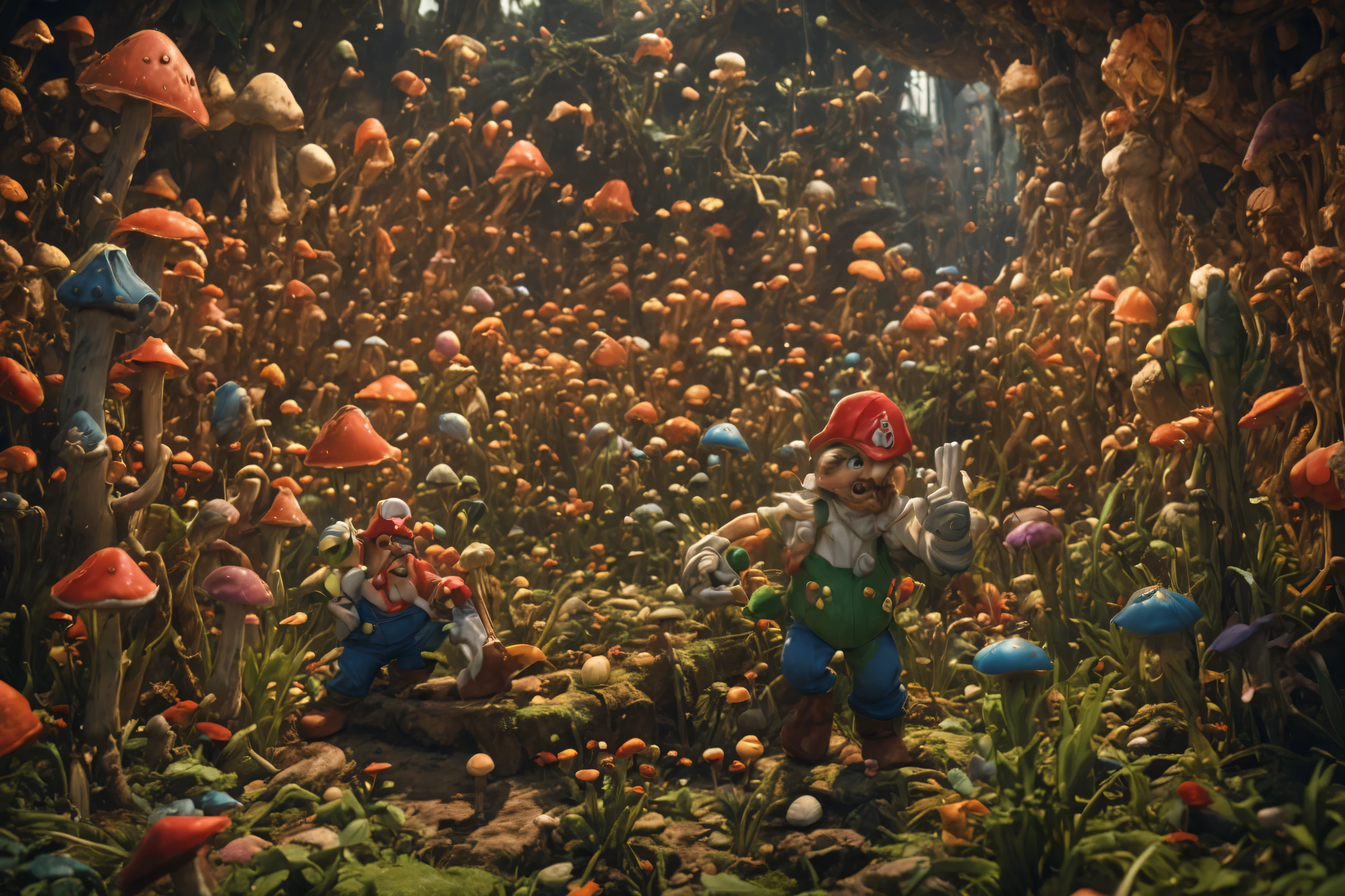 Medium close-up, 8K, Meisterwerk, hochwertig, portrait, Mario and Luigi with his iconic red hat and blue jumpsuit, a determined look on his face, stands in the vibrant and whimsical mushroom kingdom, , surrounded by towering green pipes and colorful mushrooms, the atmosphere is adventurous and playful, bright and cheerful light ,RAW Foto, Thema, 8K, Ultra-HD, (hochwertig), Detail