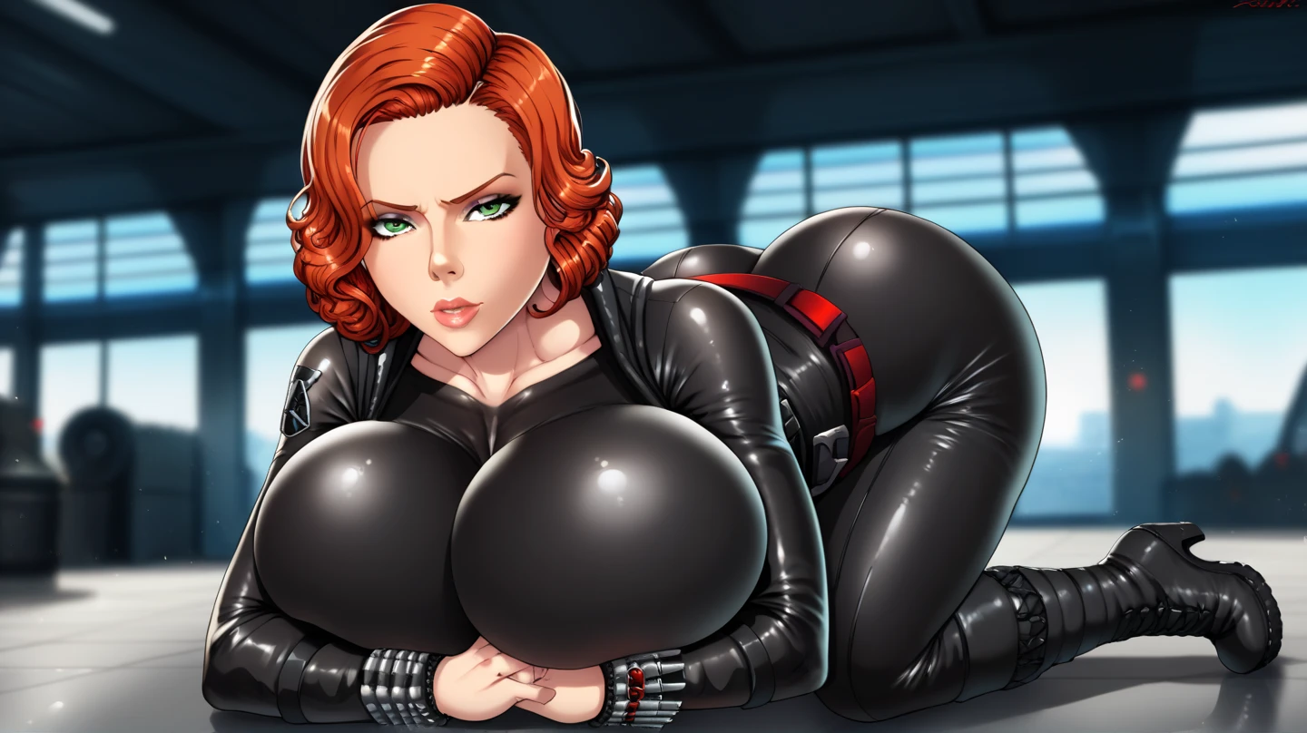 The image is an anime illustration of a woman with red hair, dressed in a sleek skin-tight shiny black latex bodysuit with a deep-cut neckline revealing a large chest
. She is holding her large chest with her hands, one of which is graced by a gold wristband. Her facial expression is serious or potentially disapproving. The background color of the image is light blue.